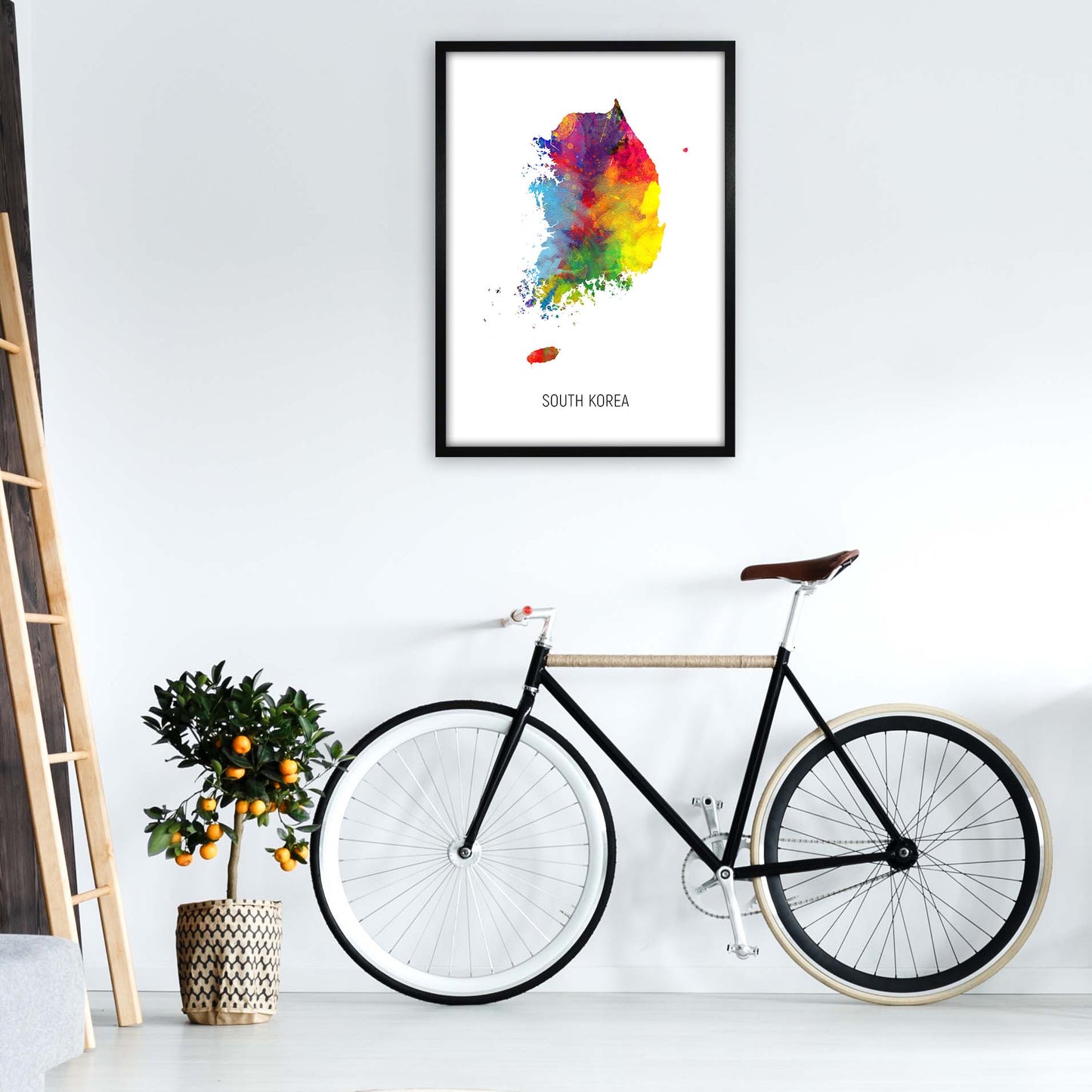 South Korea Watercolour Map Art Print by Michael Tompsett A1 White Frame