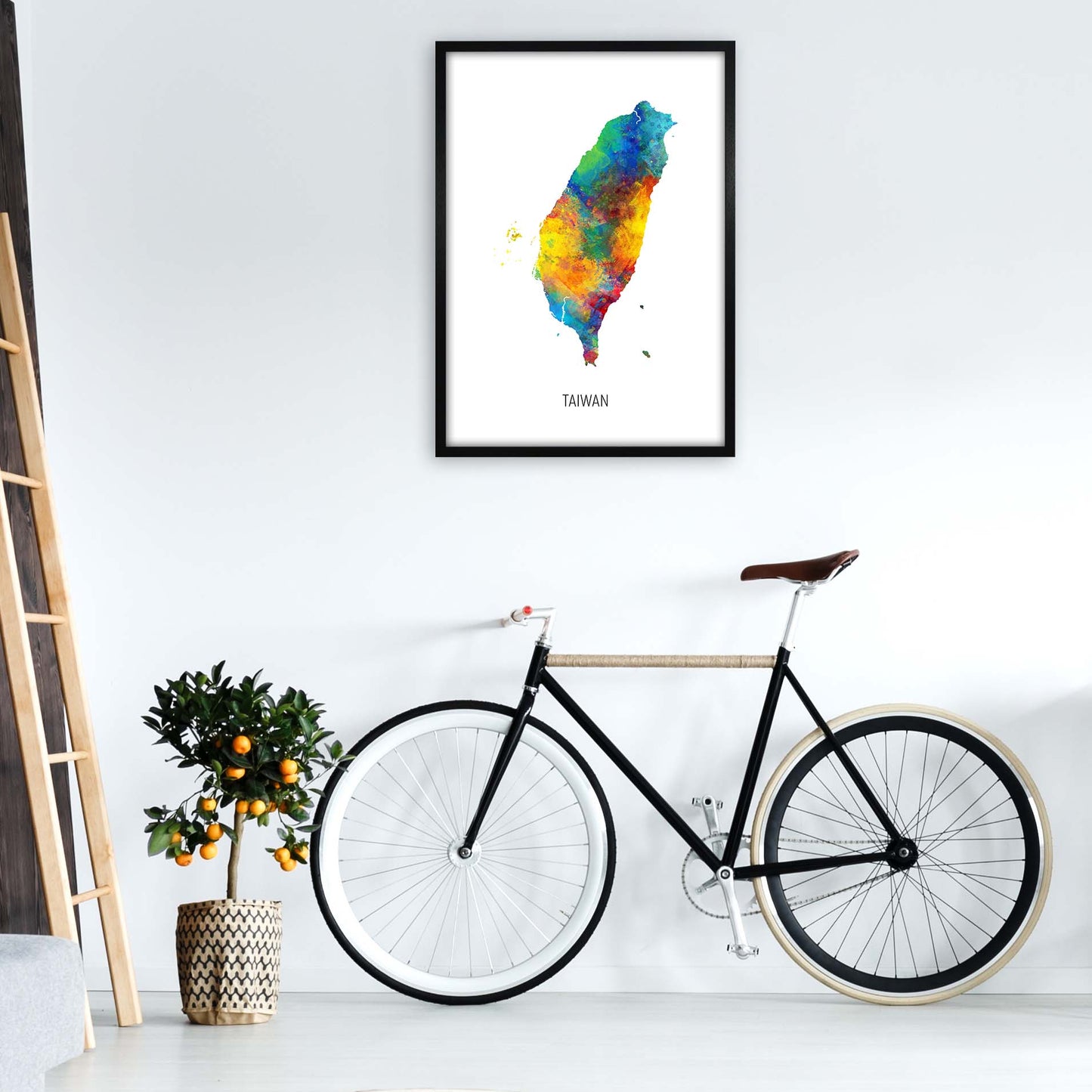 Taiwan Watercolour Map Art Print by Michael Tompsett A1 White Frame