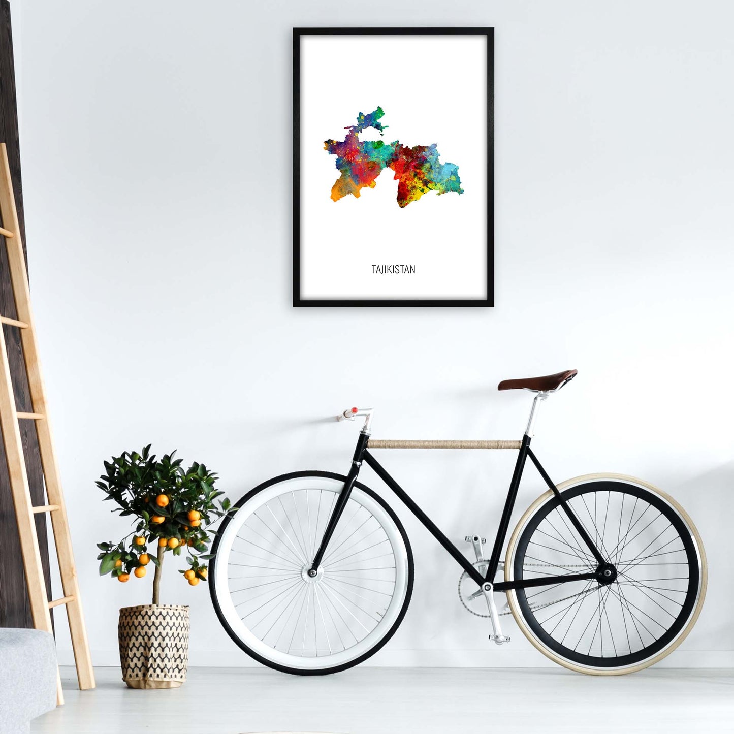 Tajikistan Watercolour Map Art Print by Michael Tompsett A1 White Frame