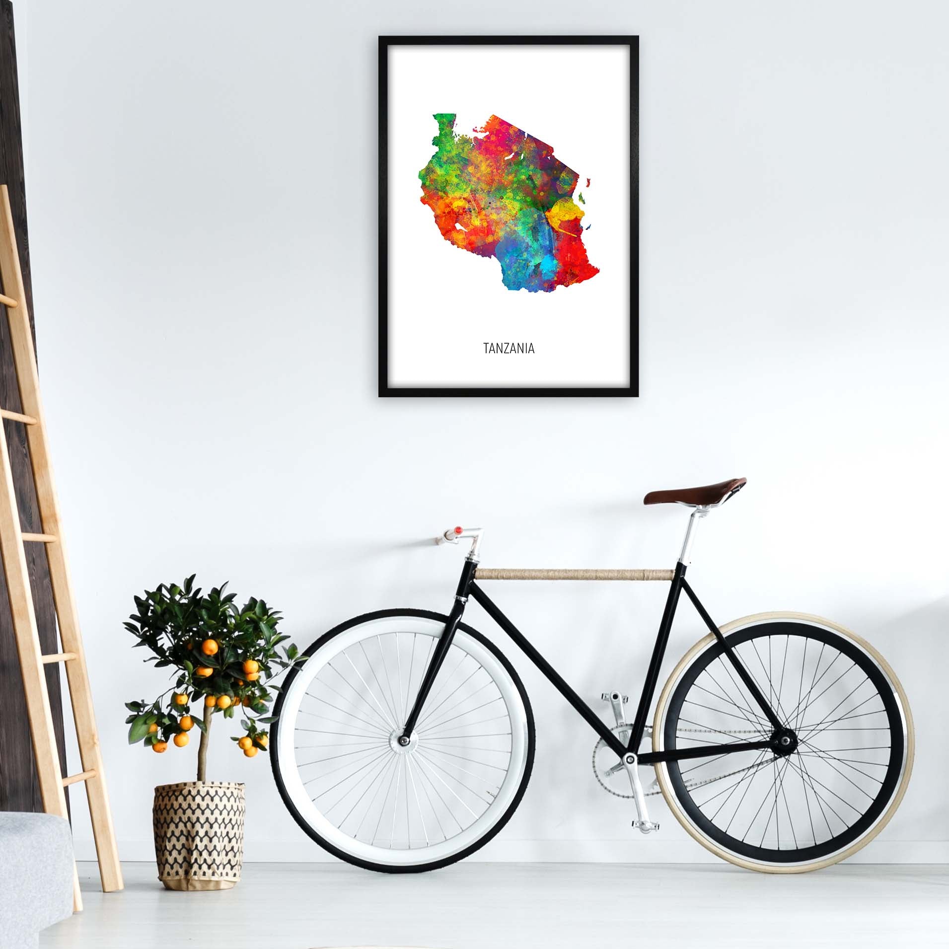 Tanzania Watercolour Map Art Print by Michael Tompsett A1 White Frame