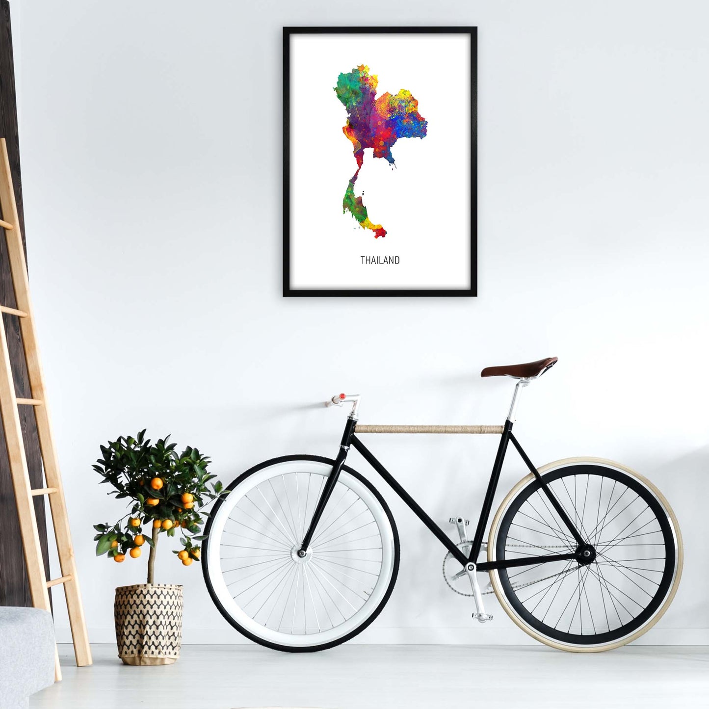 Thailand Watercolour Map Art Print by Michael Tompsett A1 White Frame