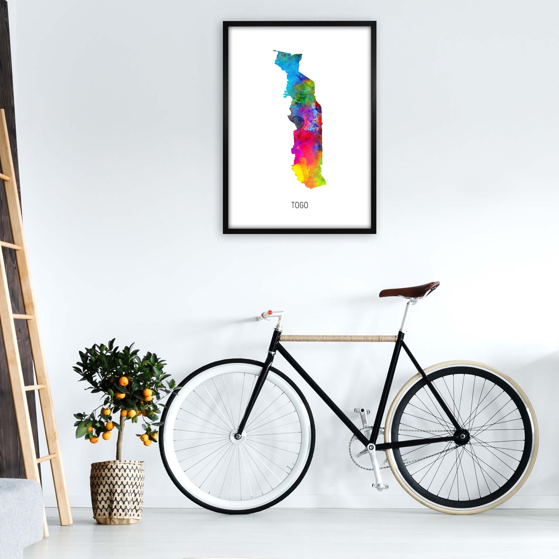 Togo Watercolour Map Art Print by Michael Tompsett A1 White Frame