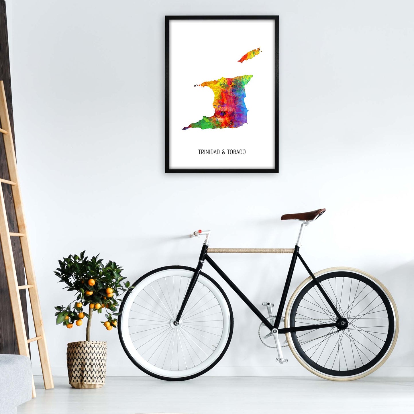 Trinidad And Tobago Watercolour Map Print by Michael Tompsett A1 White Frame