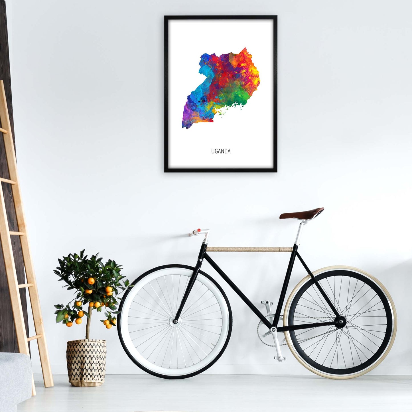 Uganda Watercolour Map Art Print by Michael Tompsett A1 White Frame