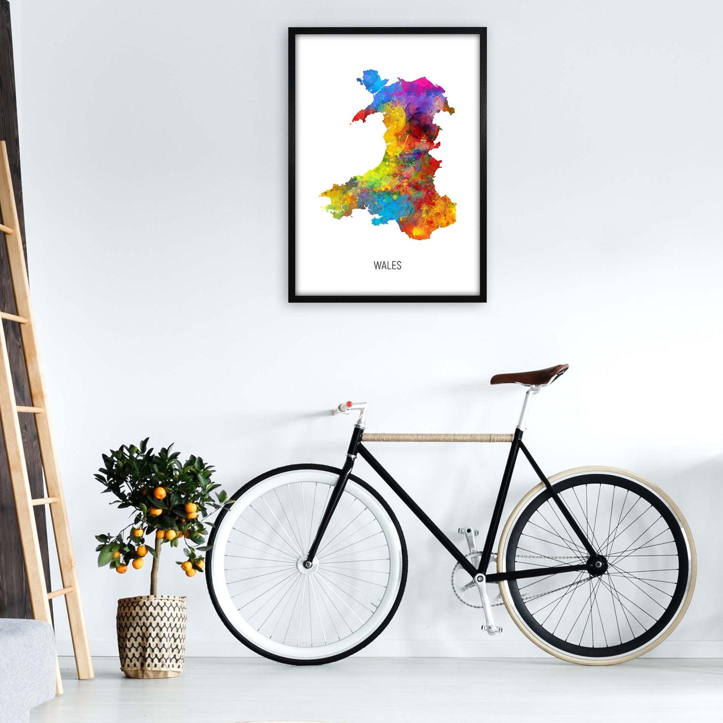 Wales Watercolour Map Art Print by Michael Tompsett A1 White Frame