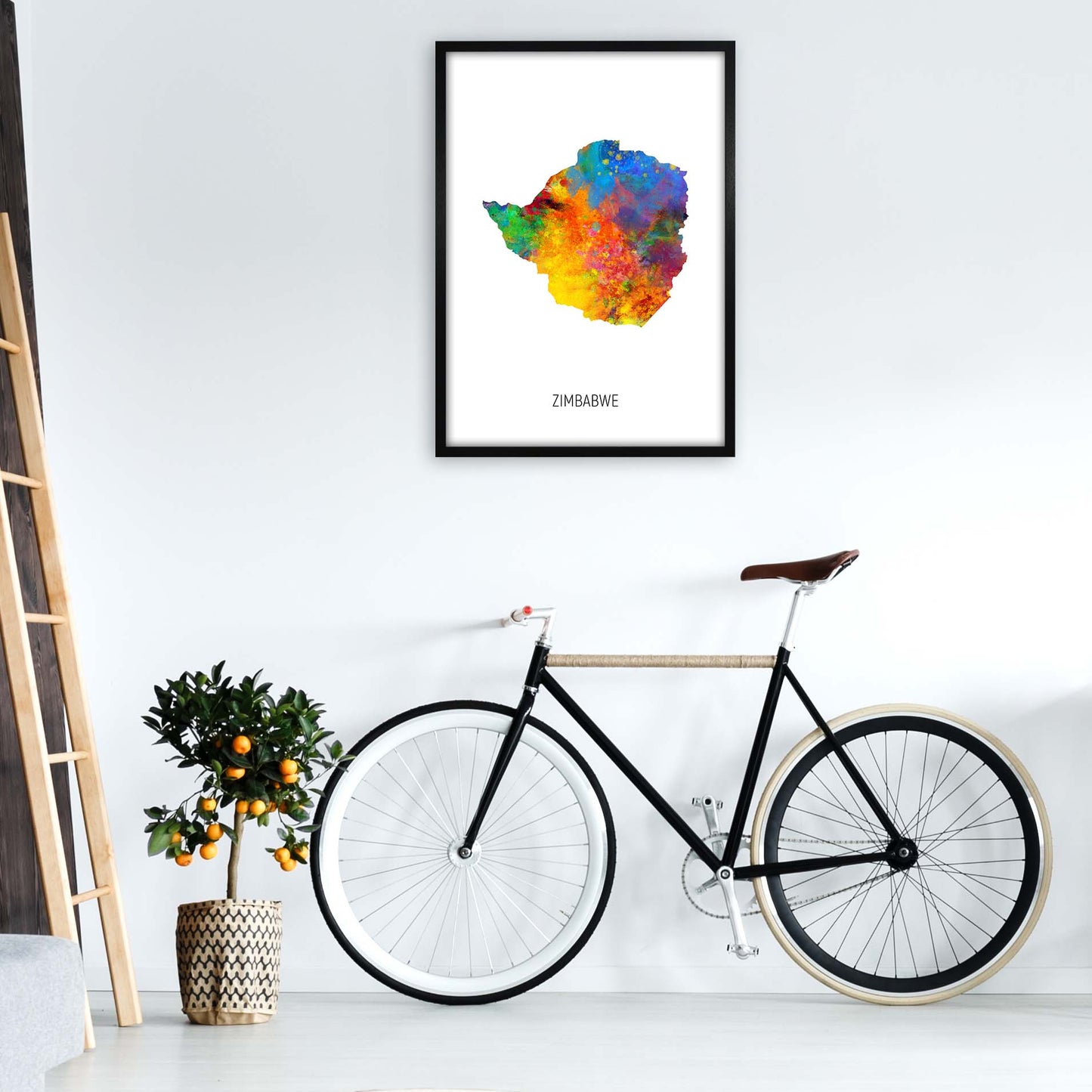 Zimbabwe Watercolour Map Art Print by Michael Tompsett A1 White Frame