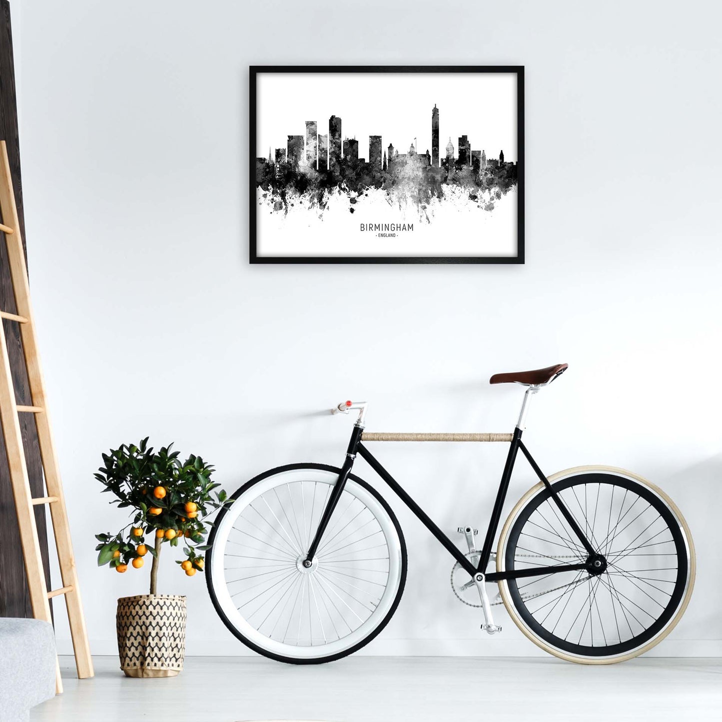 Birmingham England Skyline Black White City Name by Michael Tompsett A1 White Frame