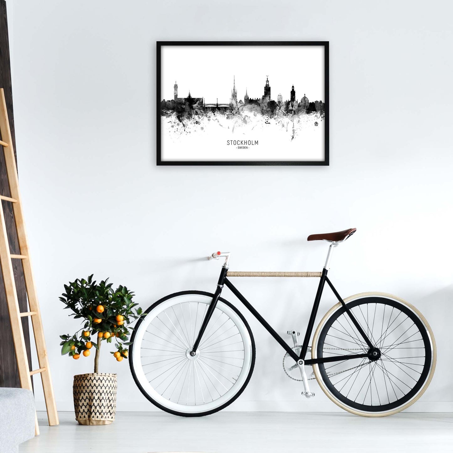 Stockholm Sweden Skyline Black White City Name by Michael Tompsett A1 White Frame