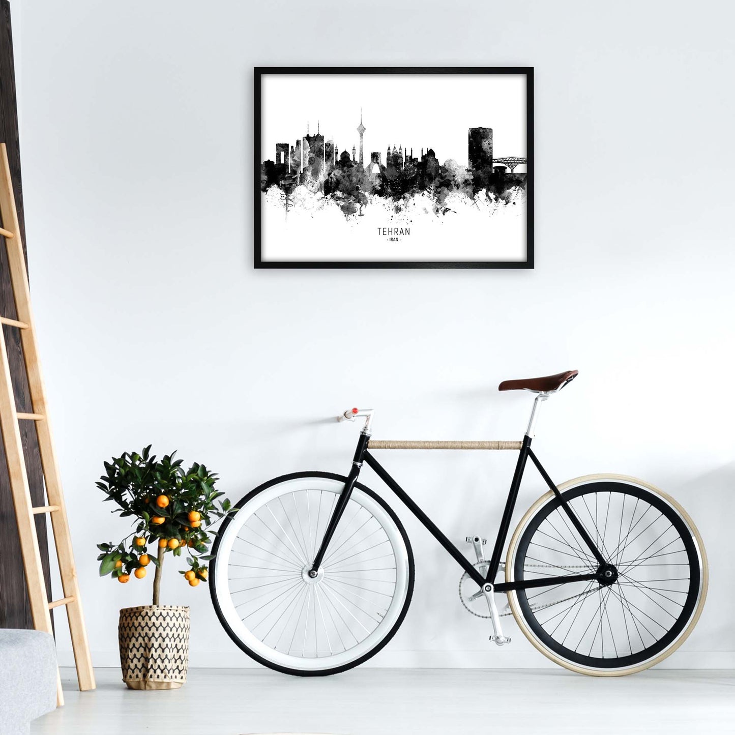 Tehran Iran Skyline Black White City Name by Michael Tompsett A1 White Frame
