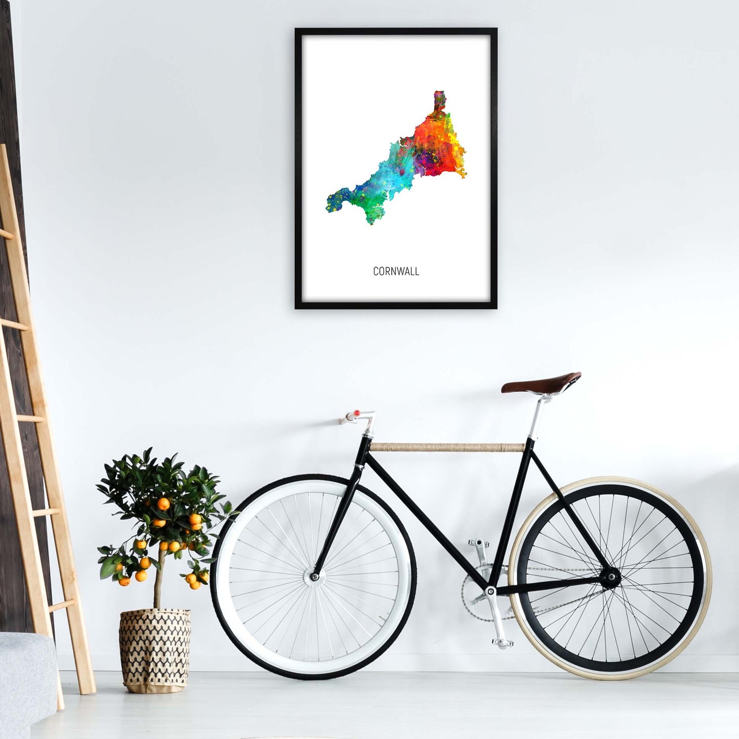Cornwall Watercolour Map Art Print by Michael Tompsett A1 White Frame