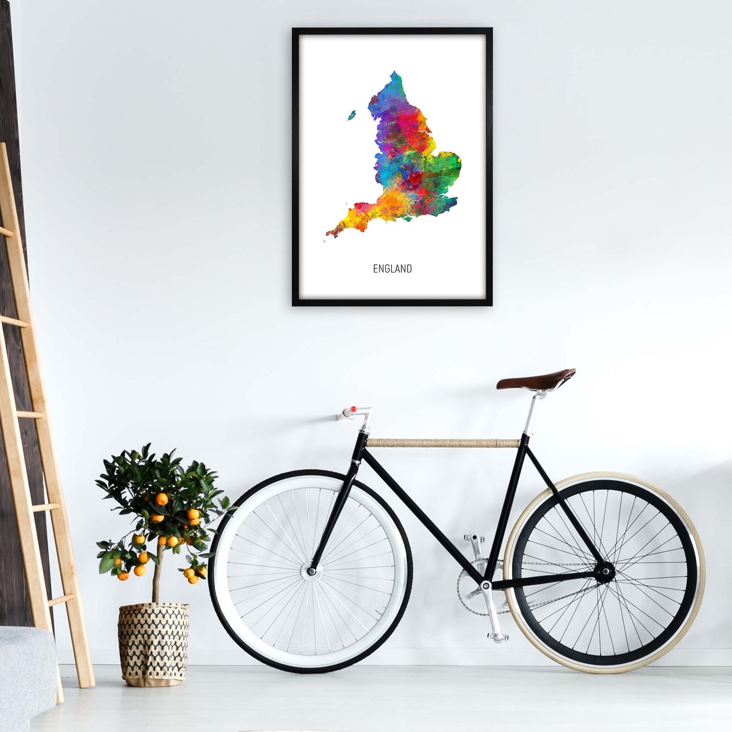 England Watercolour Map Art Print by Michael Tompsett A1 White Frame