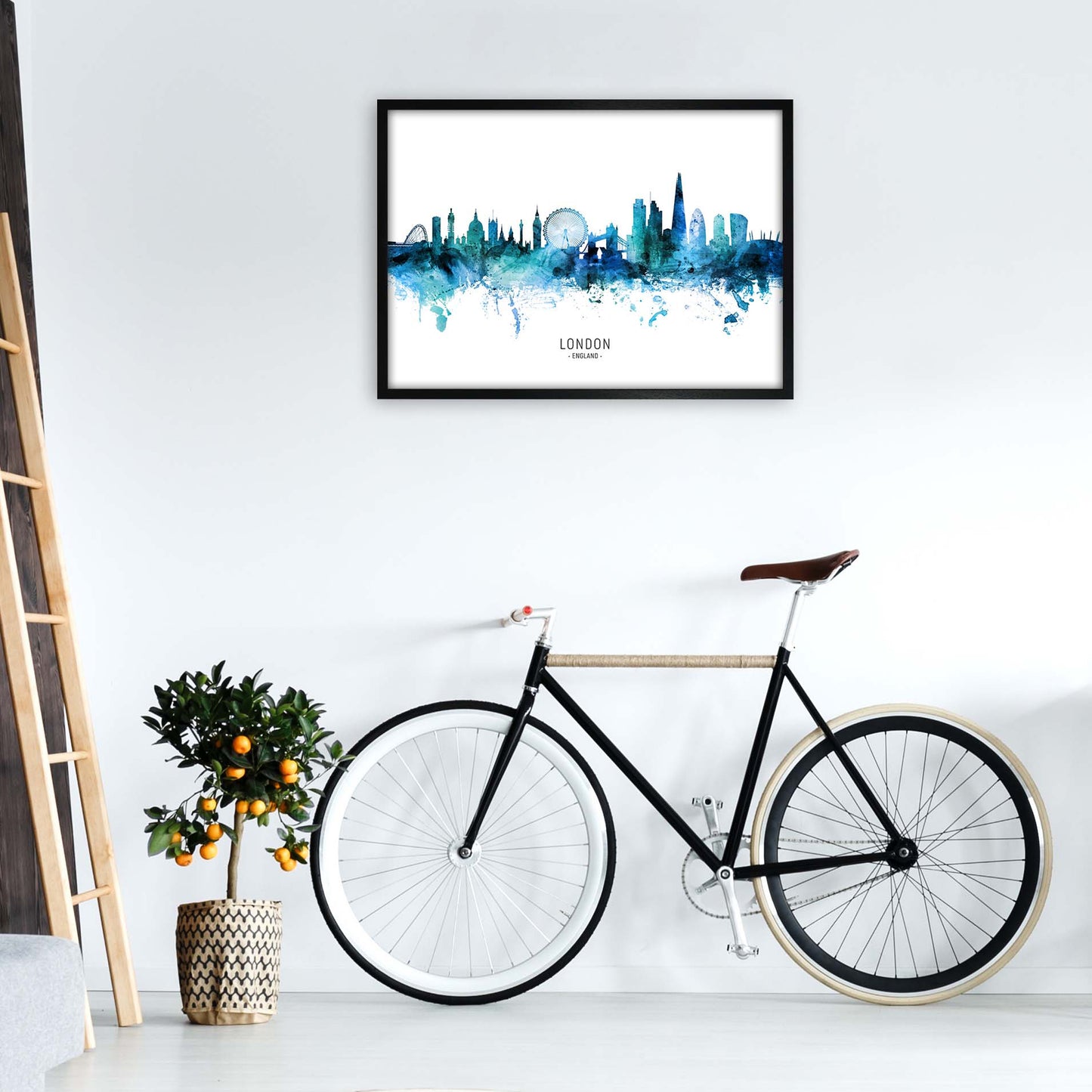 London England Skyline Blue City Name by Michael Tompsett A1 White Frame