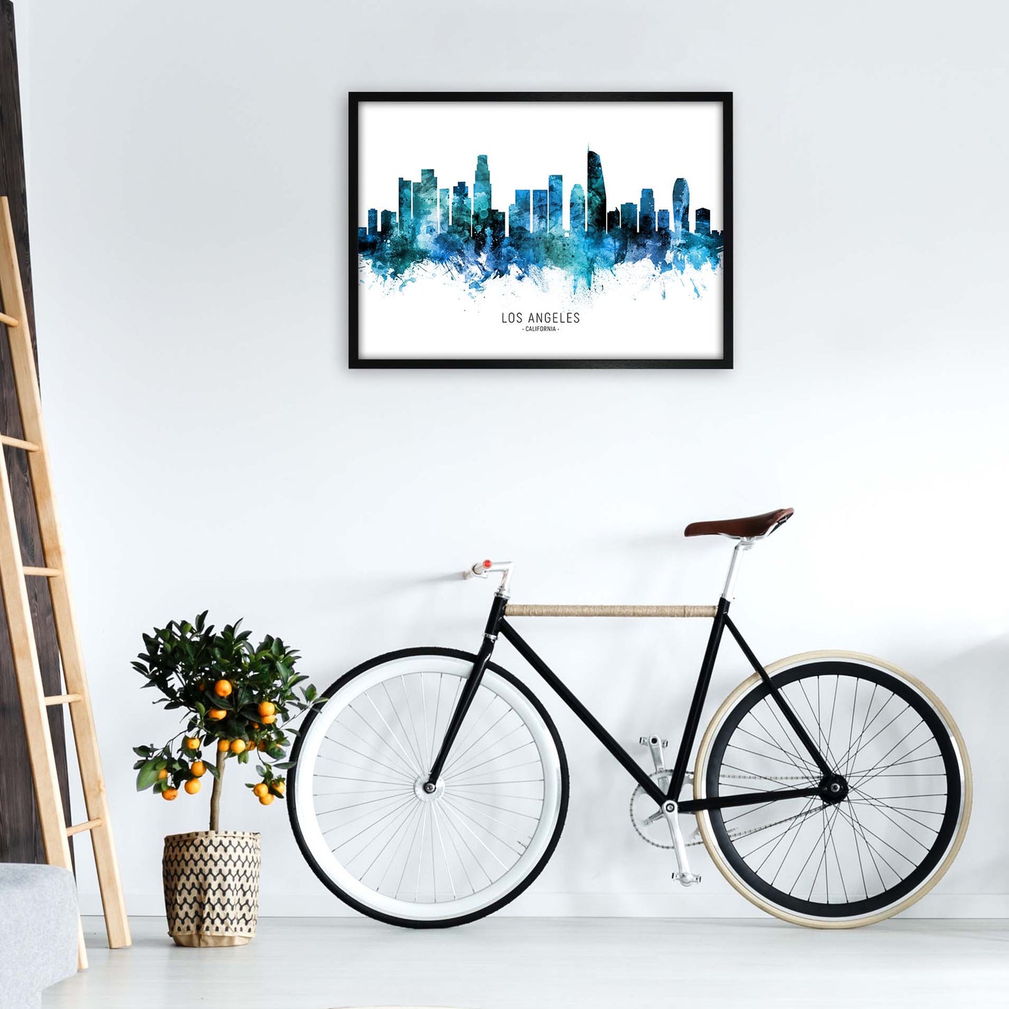 Los Angeles California Skyline Blue City Name by Michael Tompsett A1 White Frame