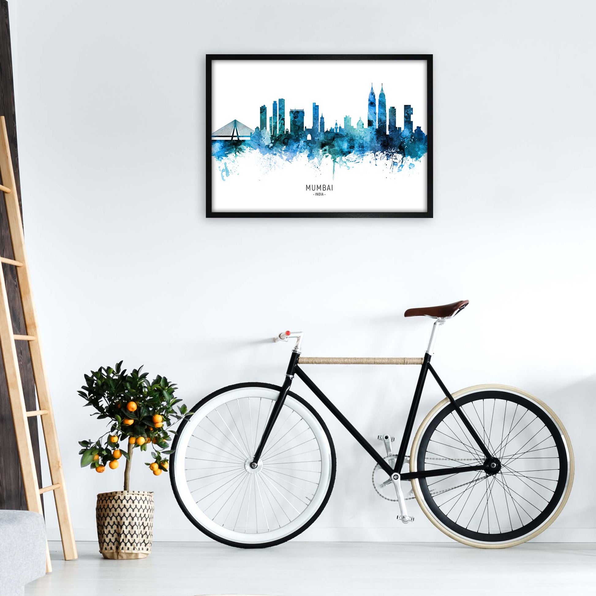 Mumbai India Skyline Blue City Name Print by Michael Tompsett A1 White Frame