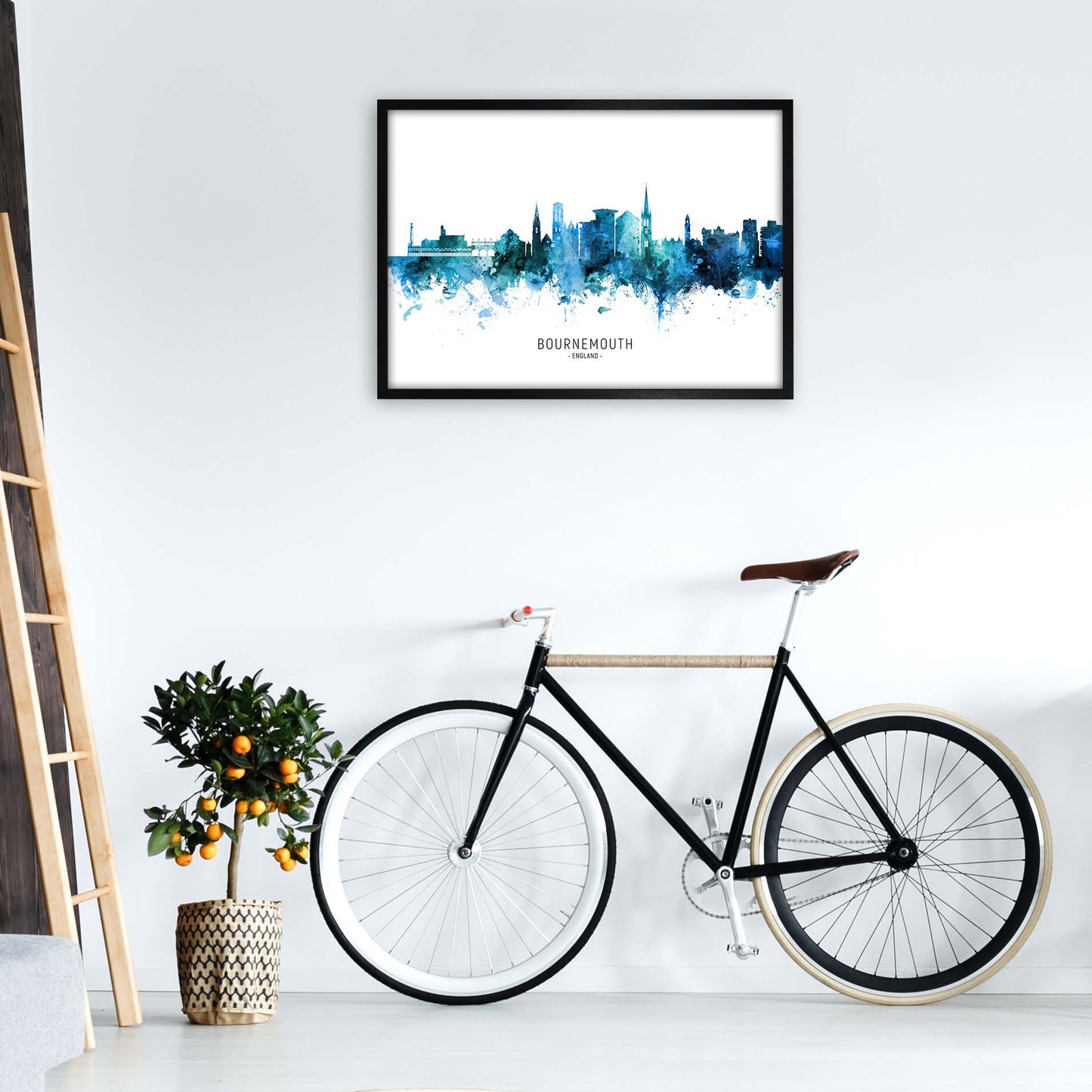 Bournemouth England Skyline Blue City Name by Michael Tompsett A1 White Frame