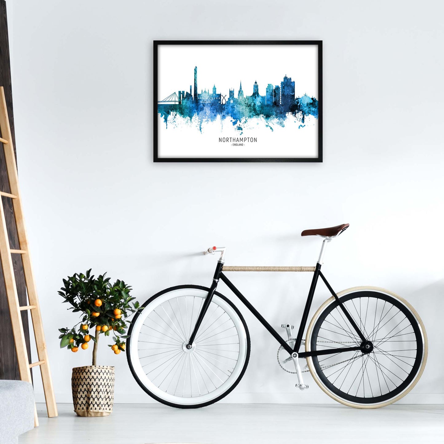 Northampton England Skyline Blue City Name  by Michael Tompsett A1 White Frame
