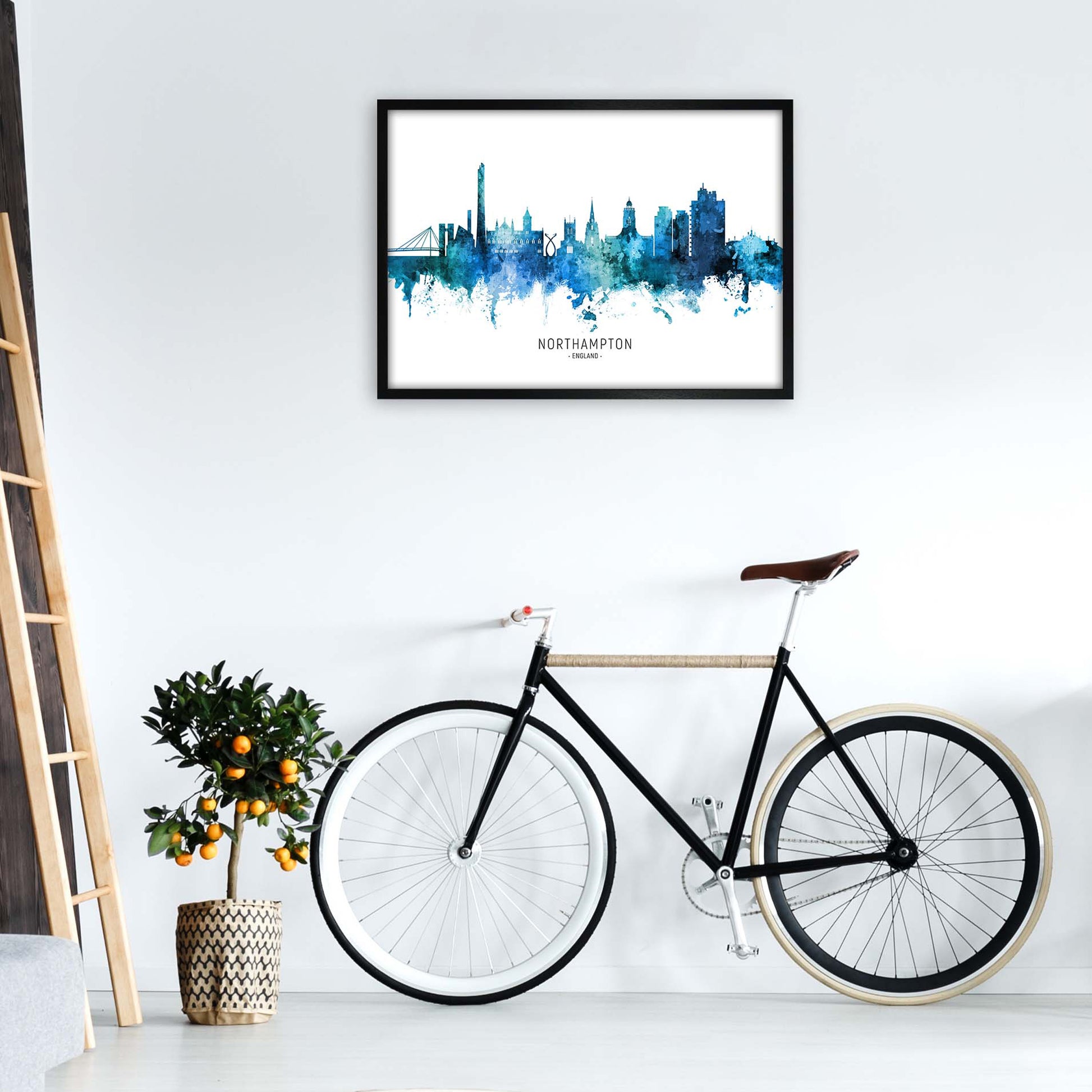 Northampton England Skyline Blue City Name  by Michael Tompsett A1 White Frame