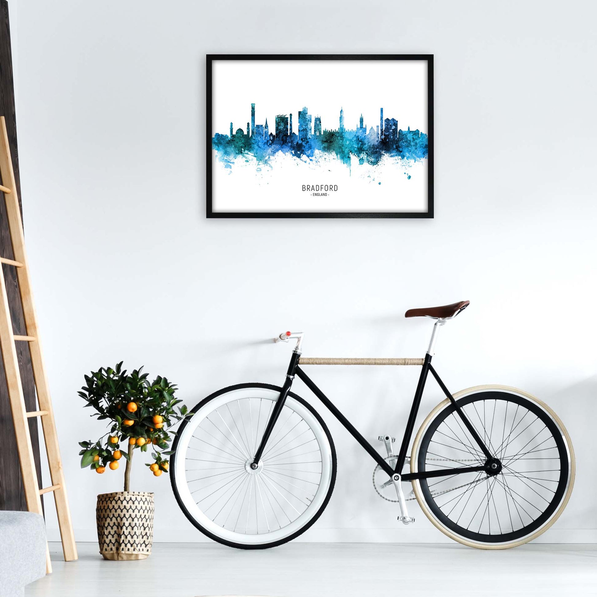 Bradford England Skyline Blue City Name  by Michael Tompsett A1 White Frame