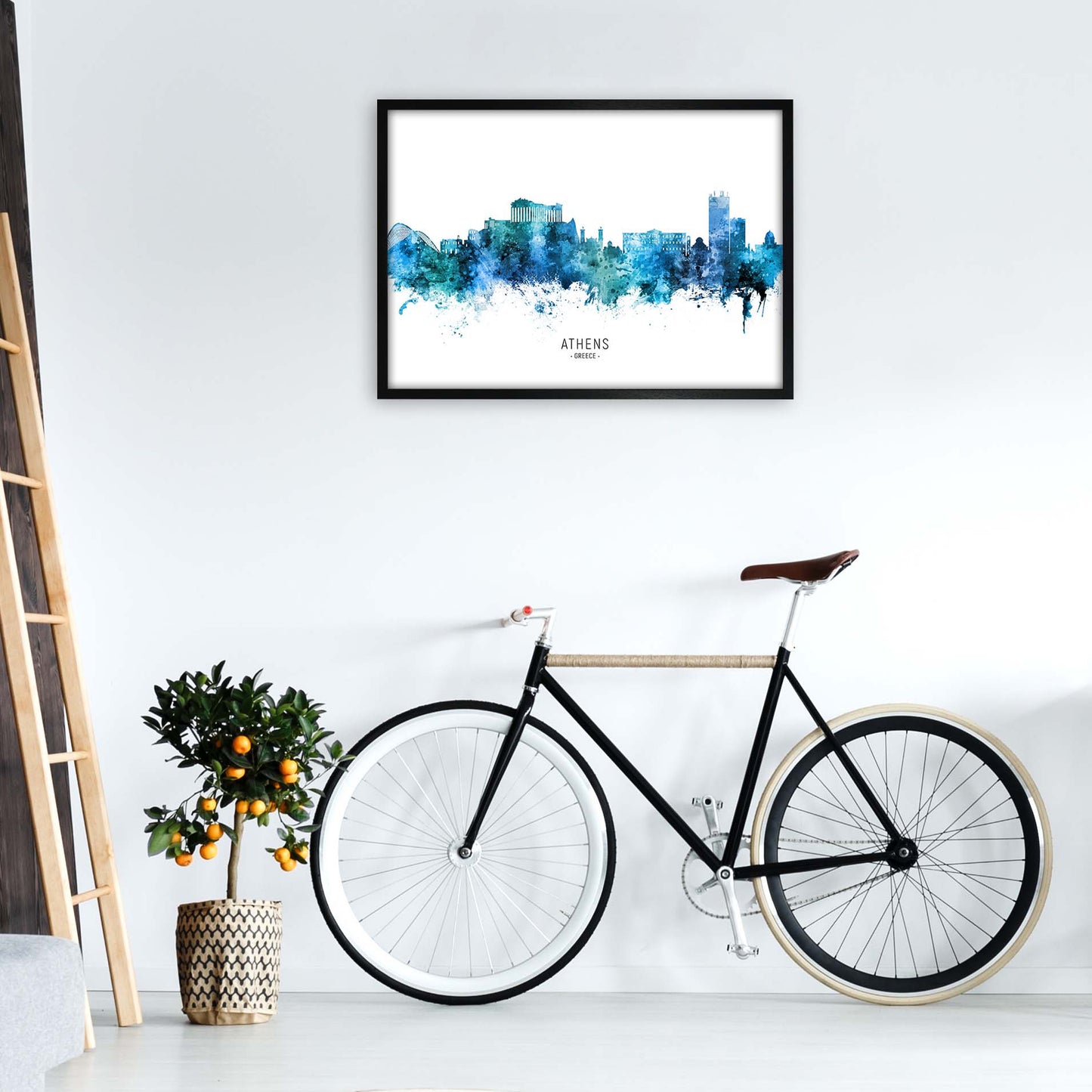 Athens Greece Skyline Blue City Name by Michael Tompsett A1 White Frame
