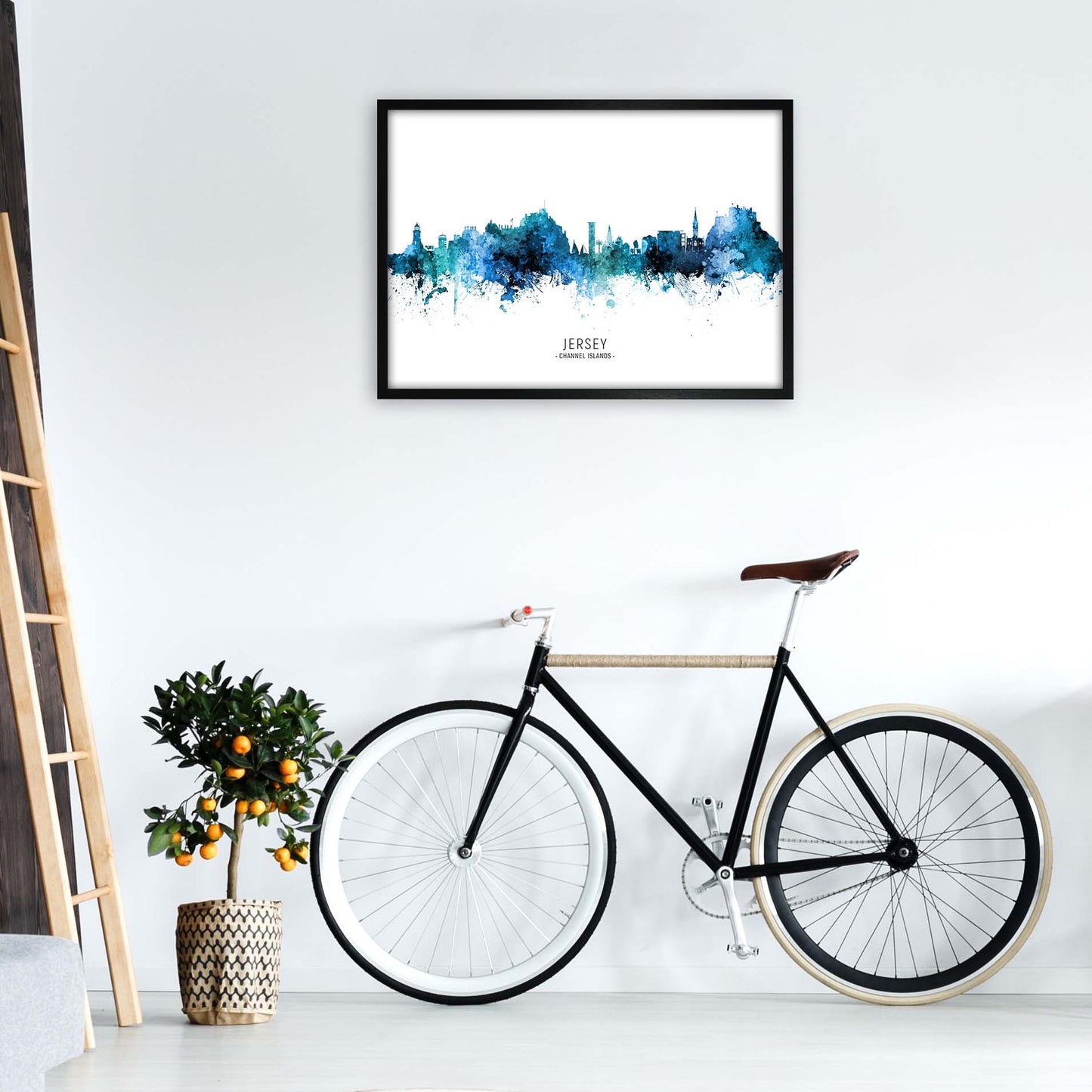 Jersey Channel Islands Skyline Blue City Name by Michael Tompsett A1 White Frame