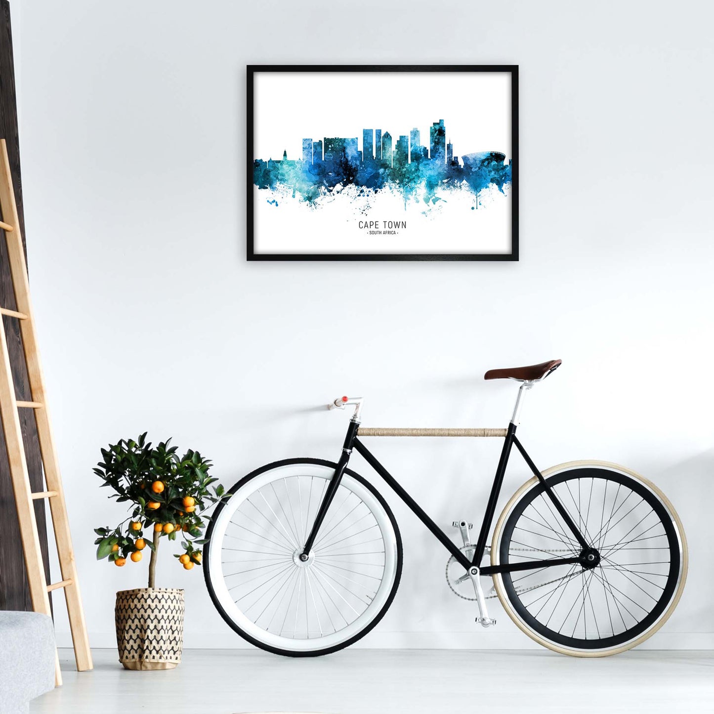 Cape Town South Africa Skyline Blue City Name by Michael Tompsett A1 White Frame
