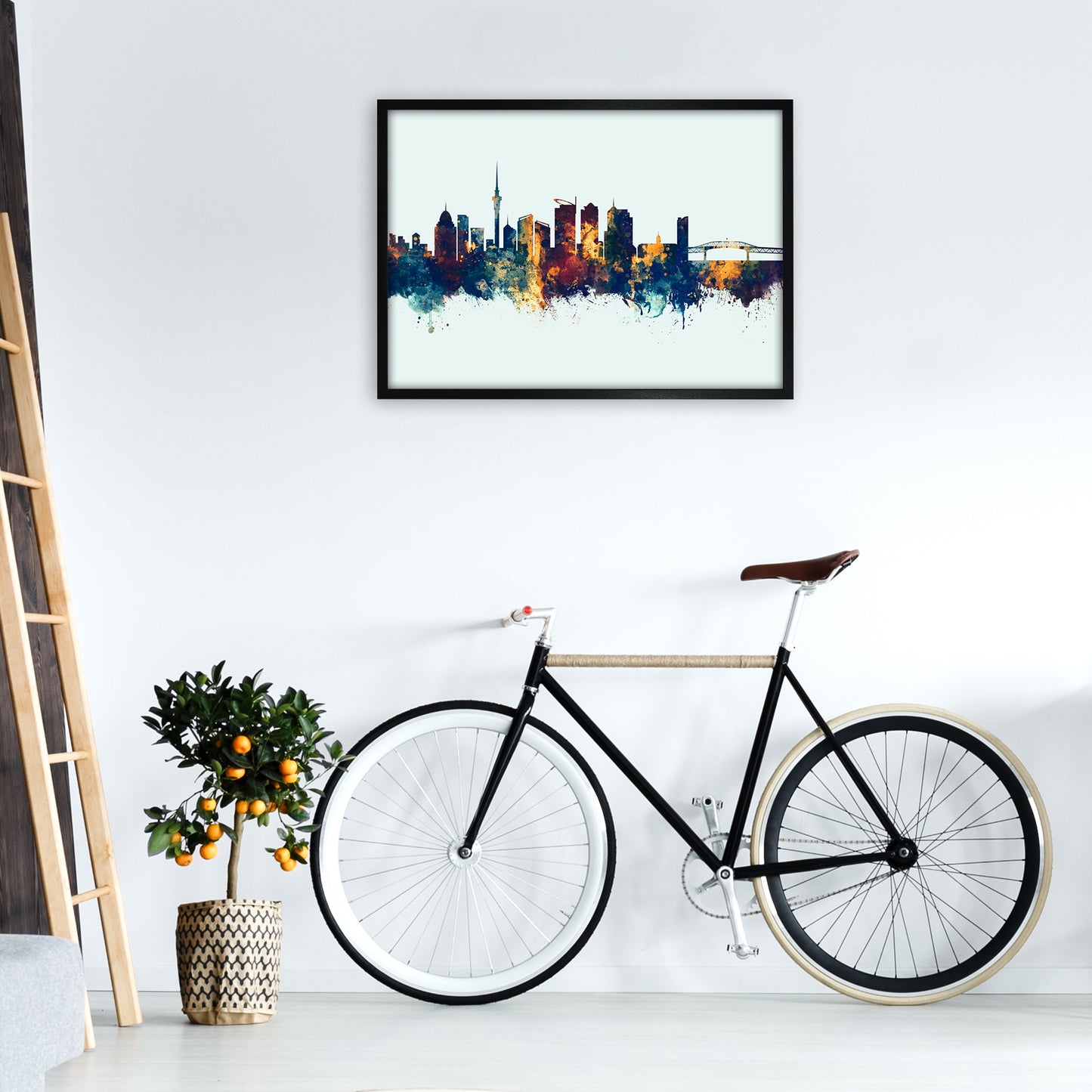 Auckland New Zealand Skyline Blue Orange Art Print by Michael Tompsett A1 White Frame