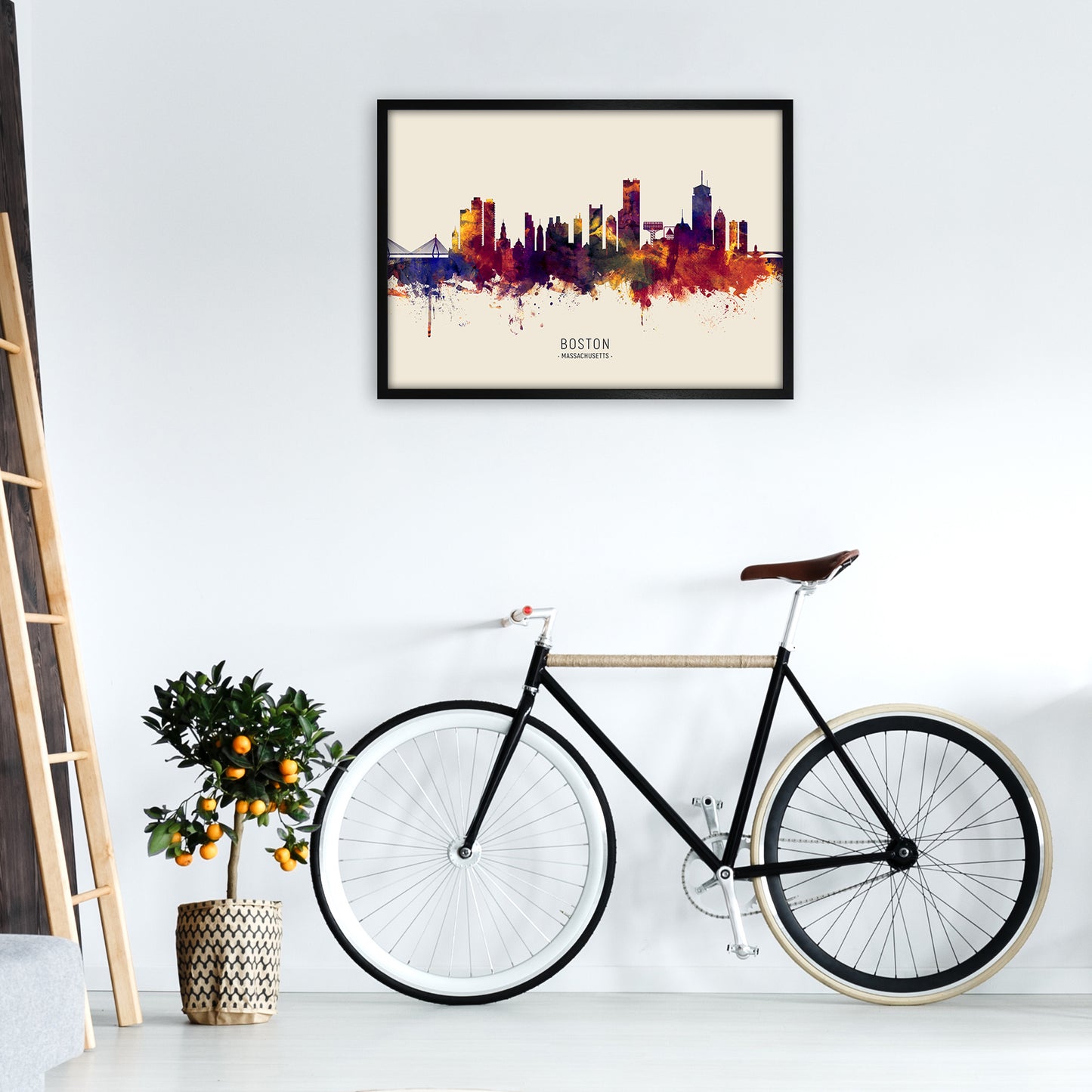 Boston Massachusetts Skyline Autumn City Name Art Print by Michael Tompsett A1 White Frame