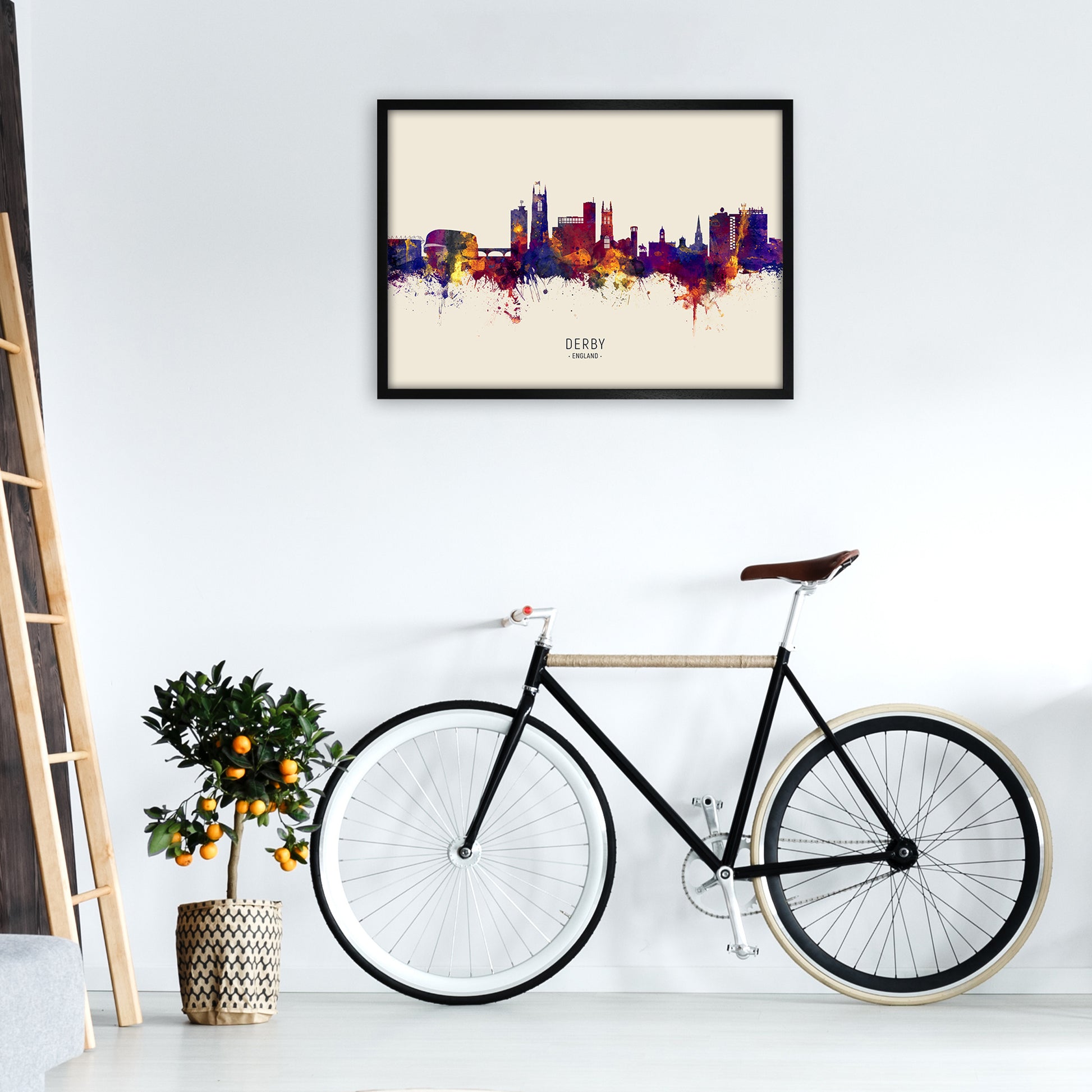 Derby England Skyline Autumn City Name Art Print by Michael Tompsett A1 White Frame