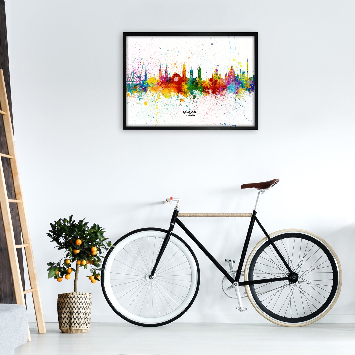 Helsinki Finland Skyline Splash Art Print by Michael Tompsett A1 White Frame