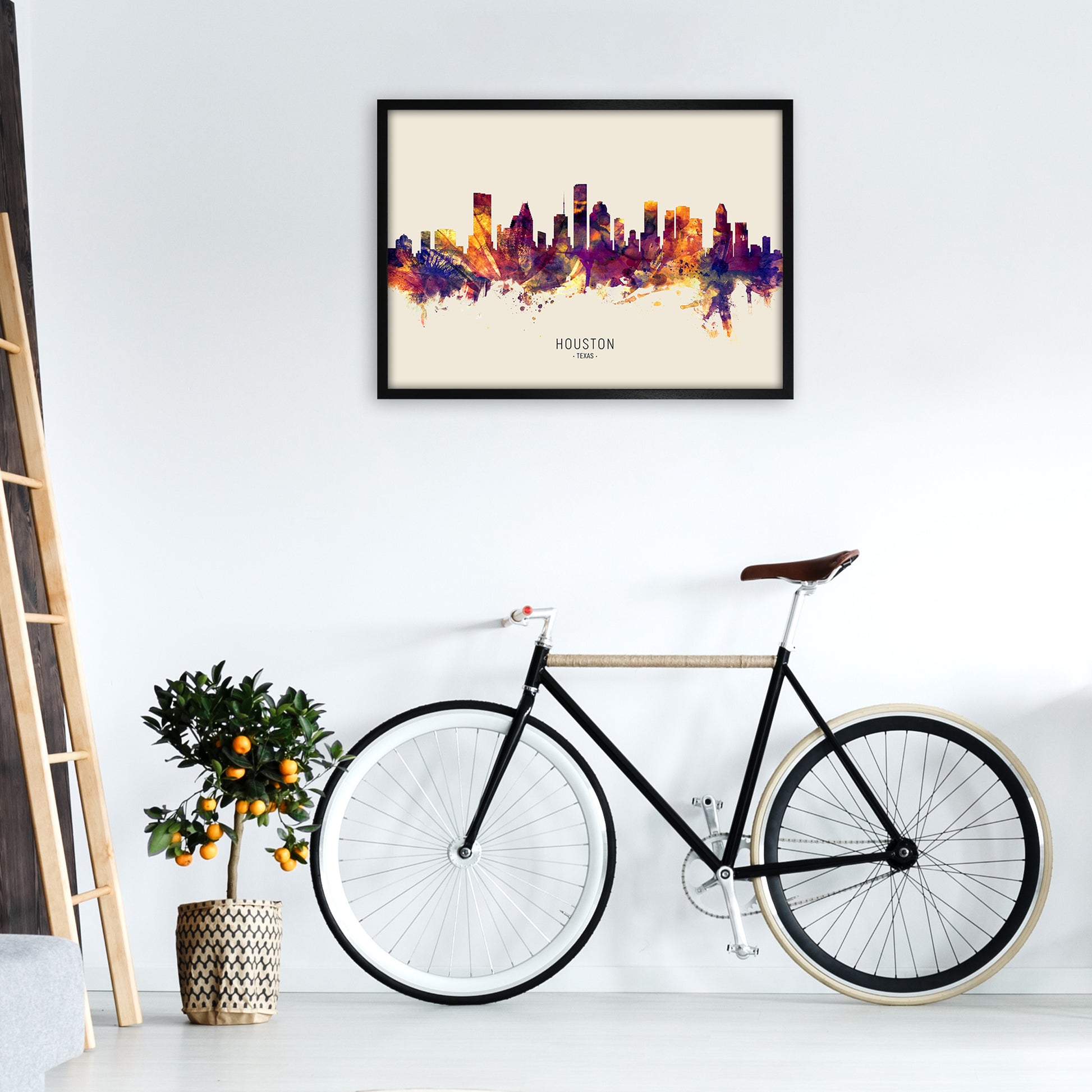 Houston Texas Skyline Autumn City Name Art Print by Michael Tompsett A1 White Frame