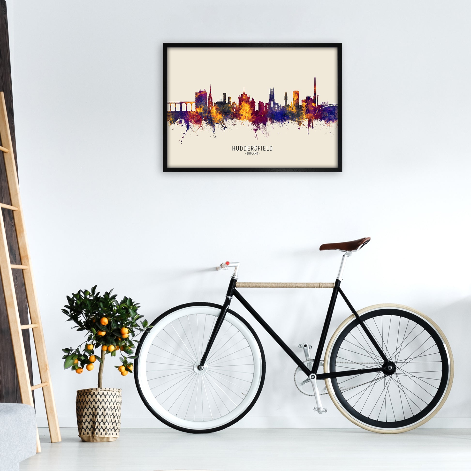 Huddersfield England Skyline Autumn City Name Art Print by Michael Tompsett A1 White Frame