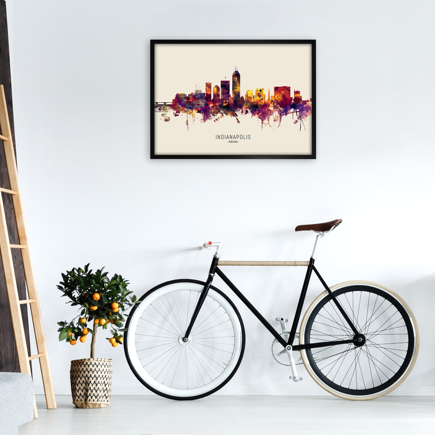 Indianapolis Indiana Skyline Autumn City Name Art Print by Michael Tompsett A1 White Frame