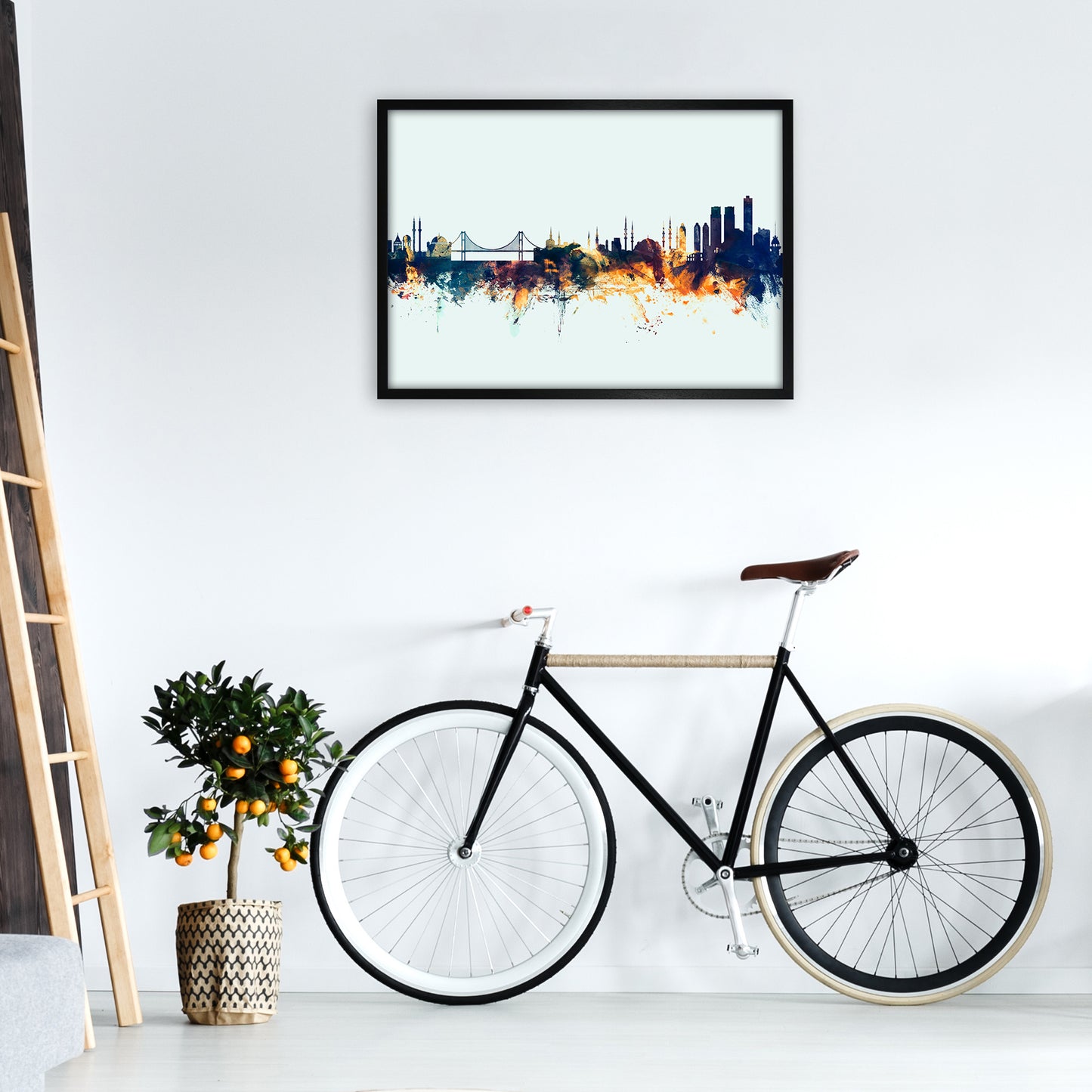 Istanbul Turkey Skyline Blue Orange Art Print by Michael Tompsett A1 White Frame