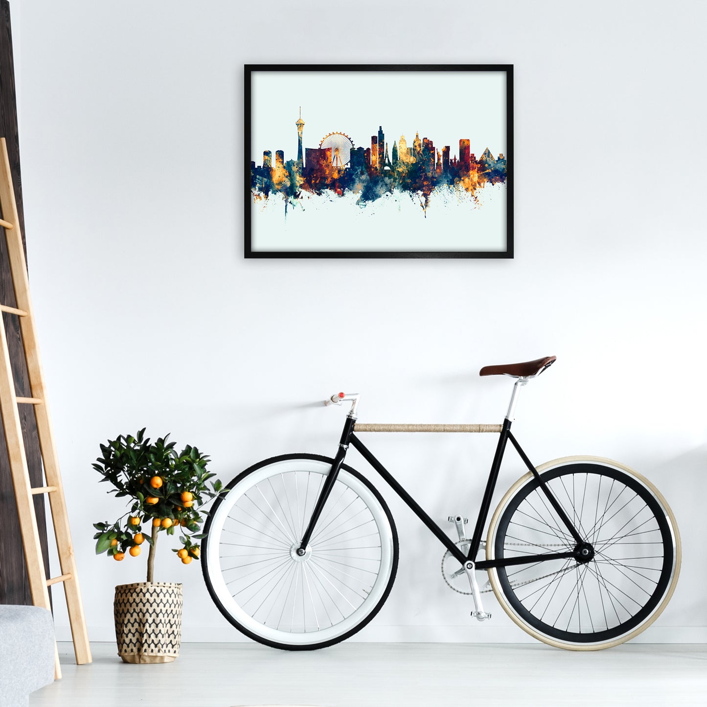 Las Vegas Nevada Skyline Blue Orange Art Print by Michael Tompsett A1 White Frame