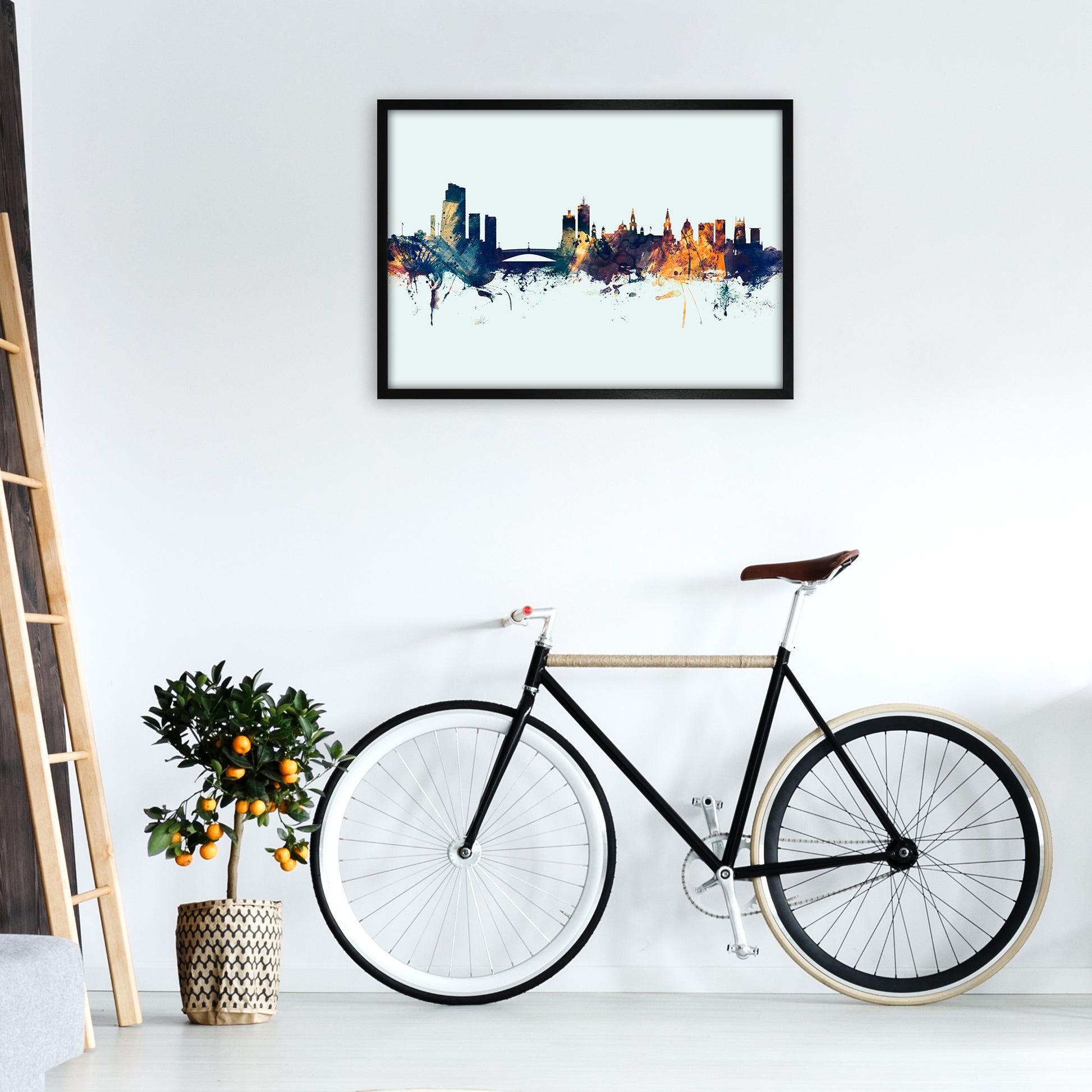 Leeds England Skyline Blue Orange Art Print by Michael Tompsett A1 White Frame