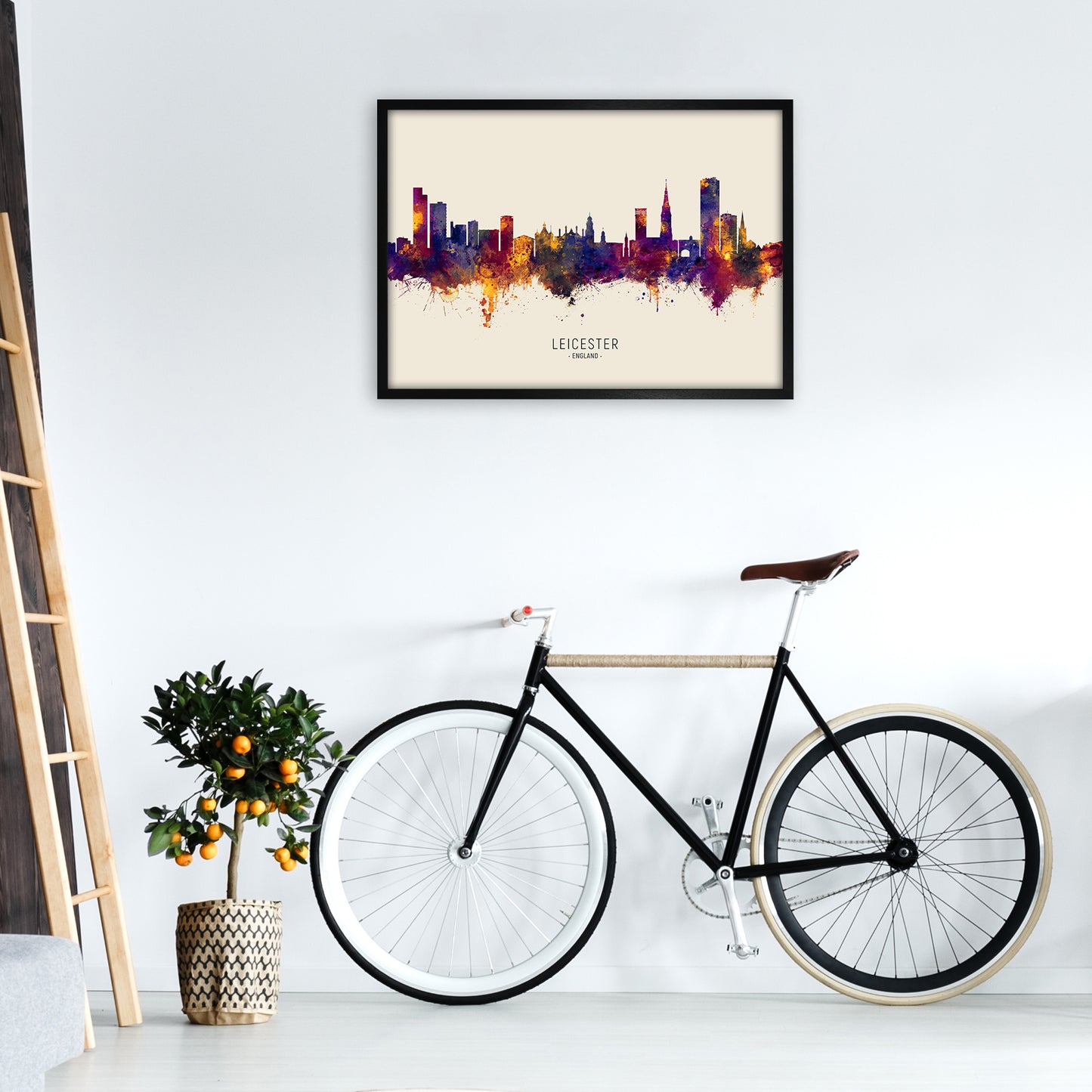 Leicester England Skyline Autumn City Name Art Print by Michael Tompsett A1 White Frame