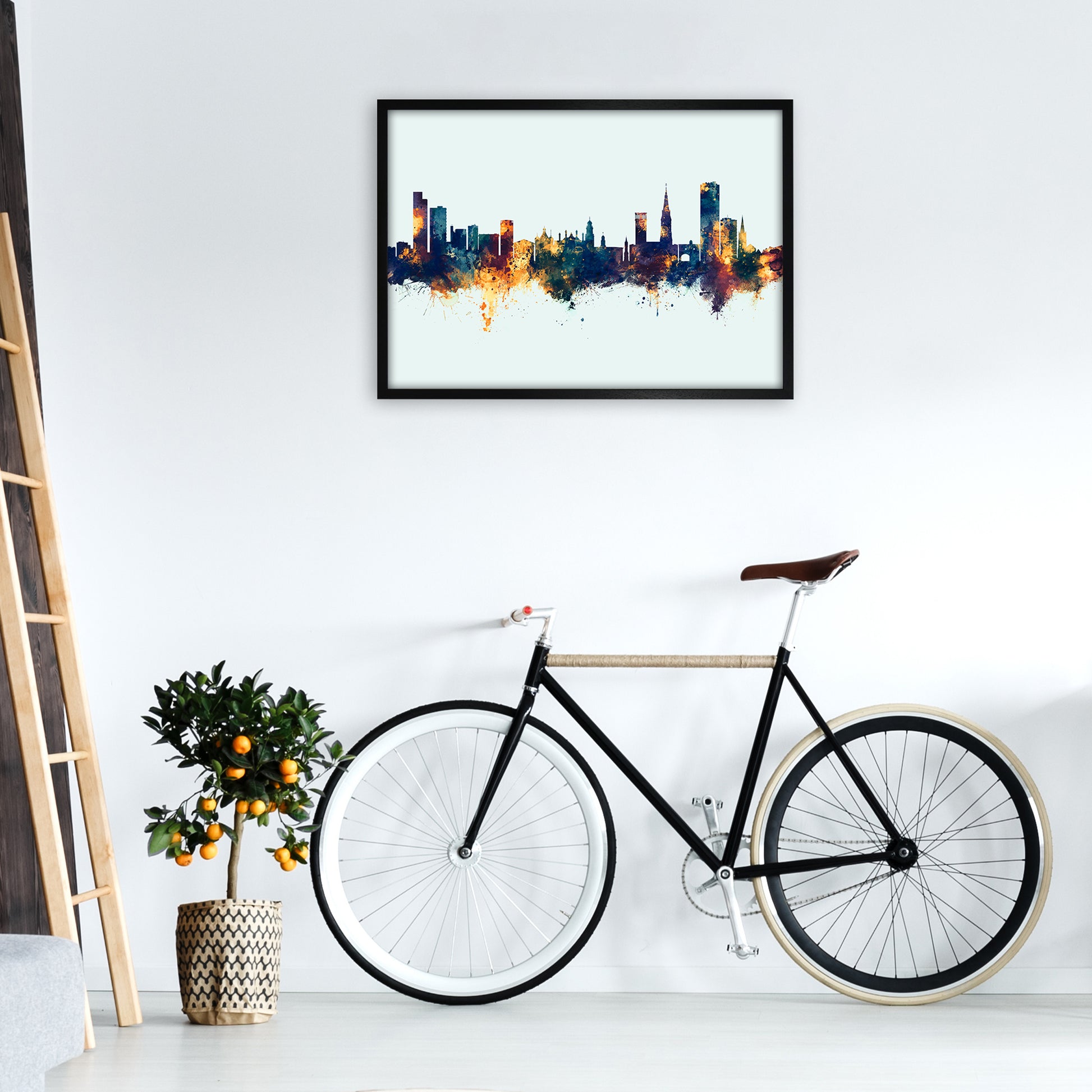 Leicester England Skyline Blue Orange Art Print by Michael Tompsett A1 White Frame