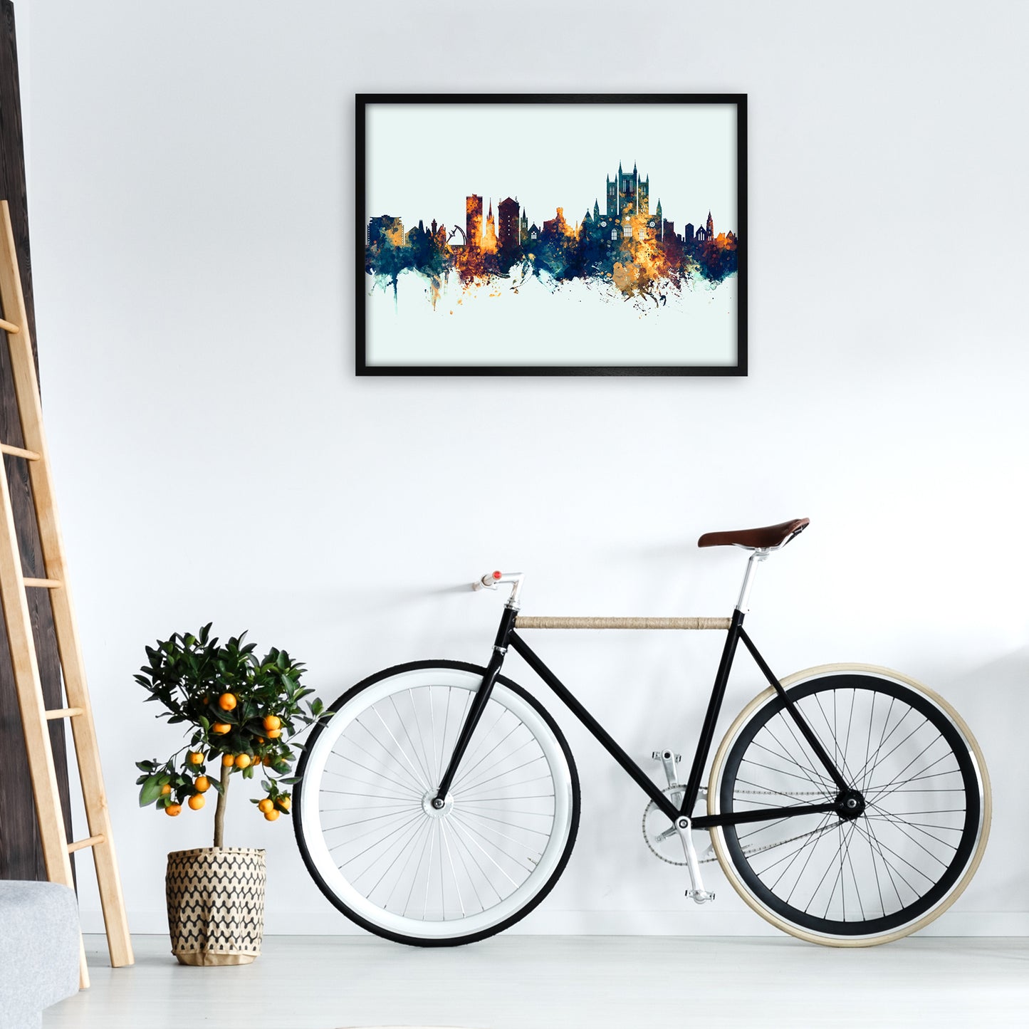 Lincoln England Skyline Blue Orange Art Print by Michael Tompsett A1 White Frame