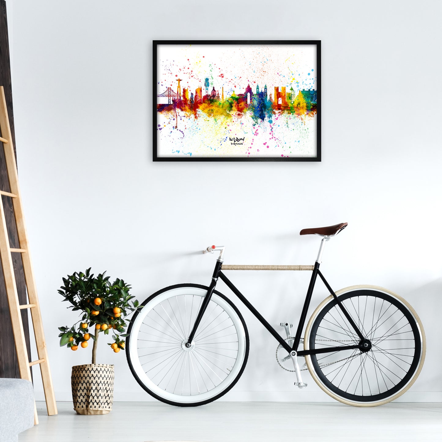 Lisbon Portugal Skyline Splash Art Print by Michael Tompsett A1 White Frame