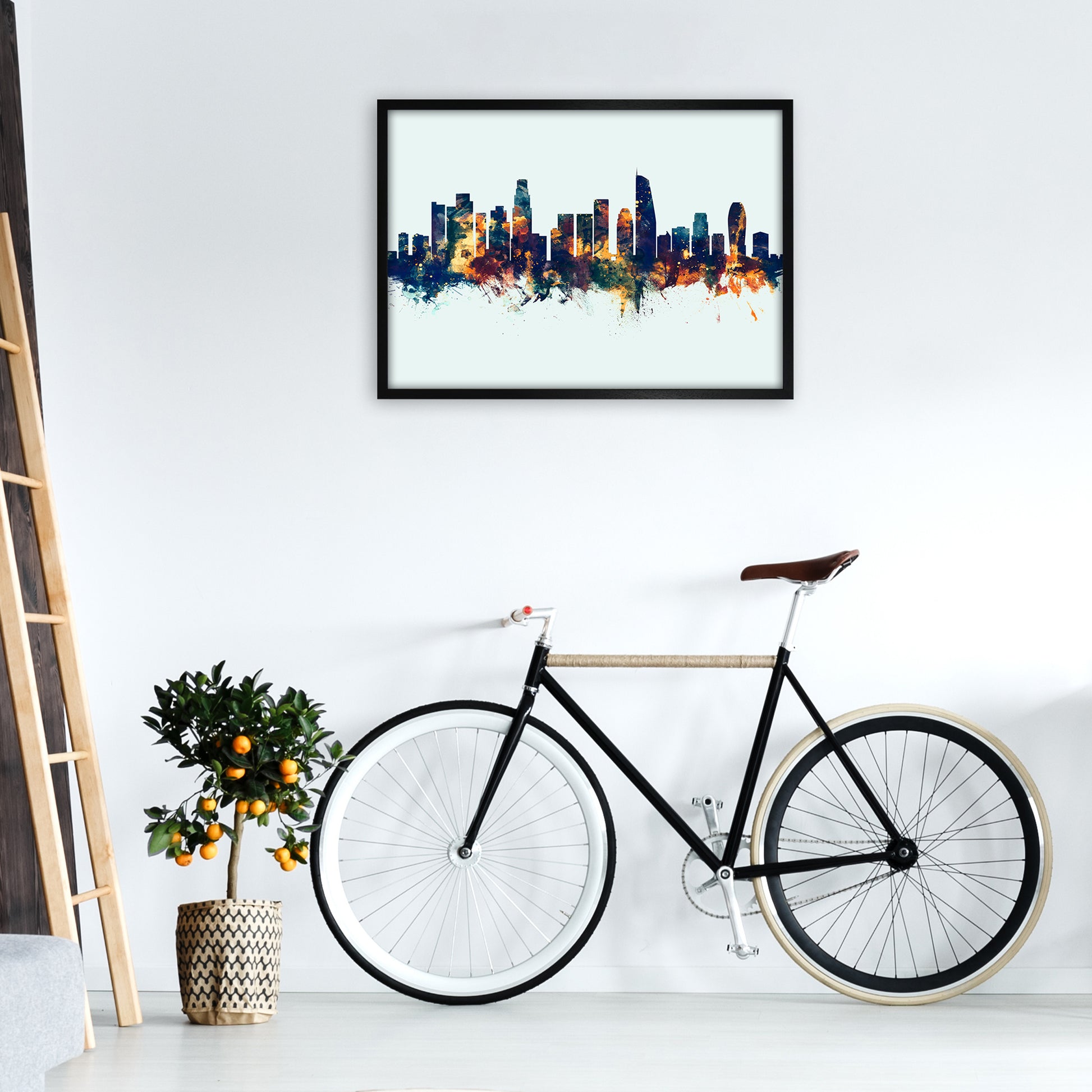 Los Angeles California Skyline Blue Orange Art Print by Michael Tompsett A1 White Frame