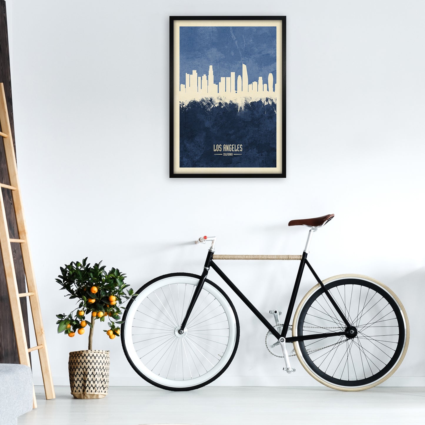 Los Angeles California Skyline Portrait Navy Art Print by Michael Tompsett A1 White Frame