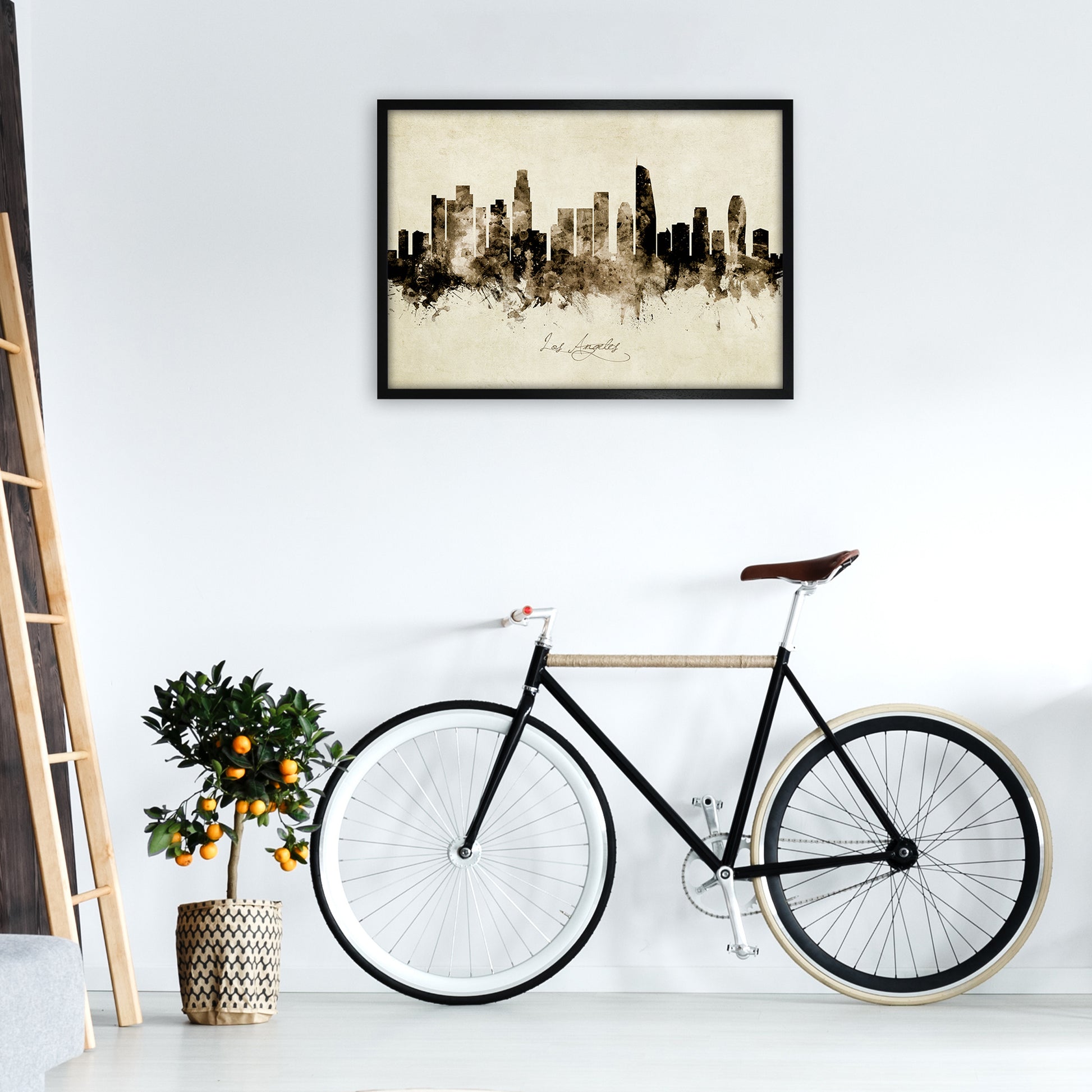 Los Angeles California Skyline Vintage Art Print by Michael Tompsett A1 White Frame