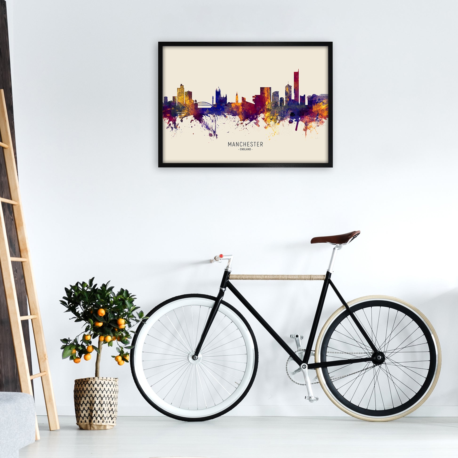 Manchester England Skyline Autumn City Name Art Print by Michael Tompsett A1 White Frame