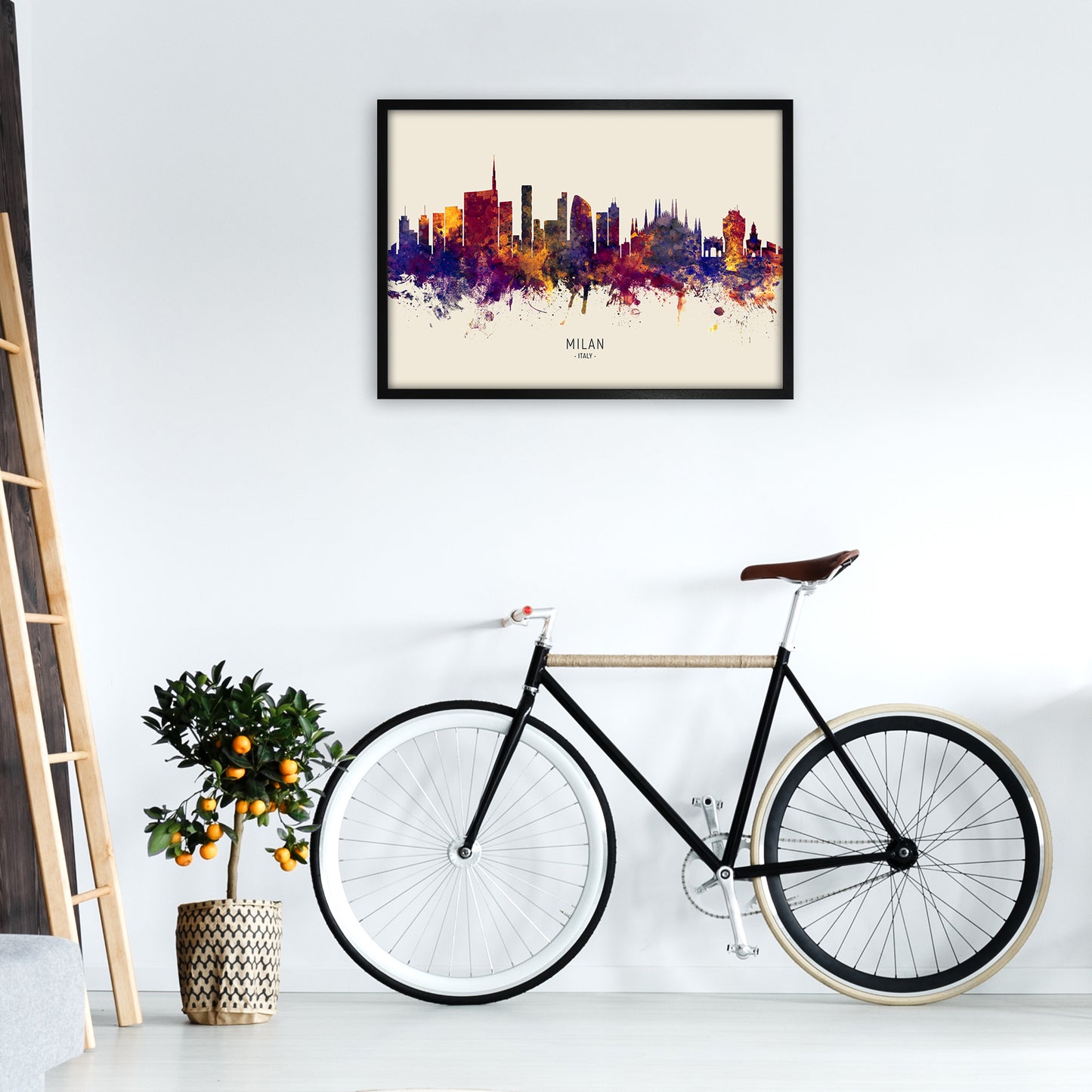 Milan Italy Skyline Autumn City Name Art Print by Michael Tompsett A1 White Frame