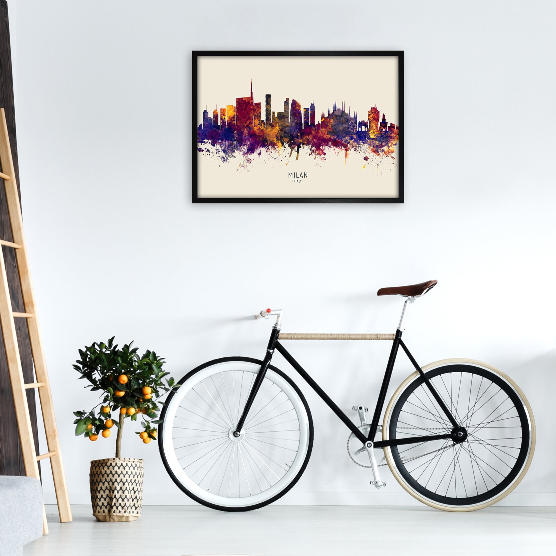 Milan Italy Skyline Autumn City Name Art Print by Michael Tompsett A1 White Frame
