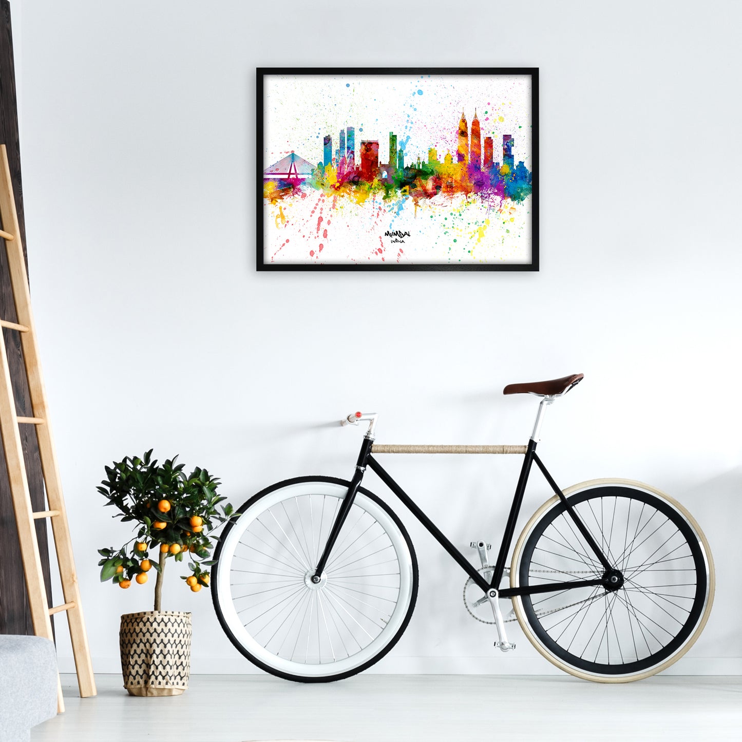Mumbai India Skyline Splash Art Print by Michael Tompsett A1 White Frame