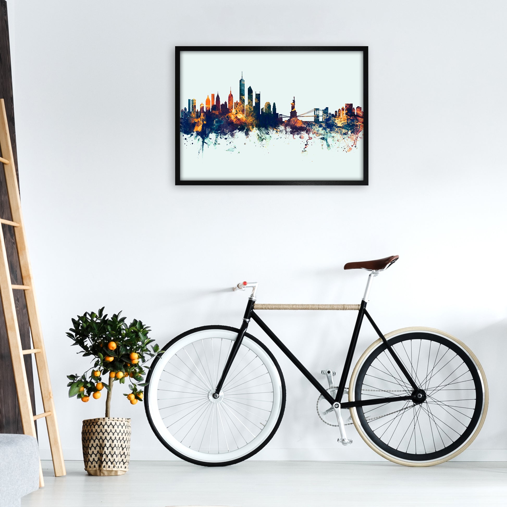 New York New York Skyline Blue Orange Art Print by Michael Tompsett A1 White Frame