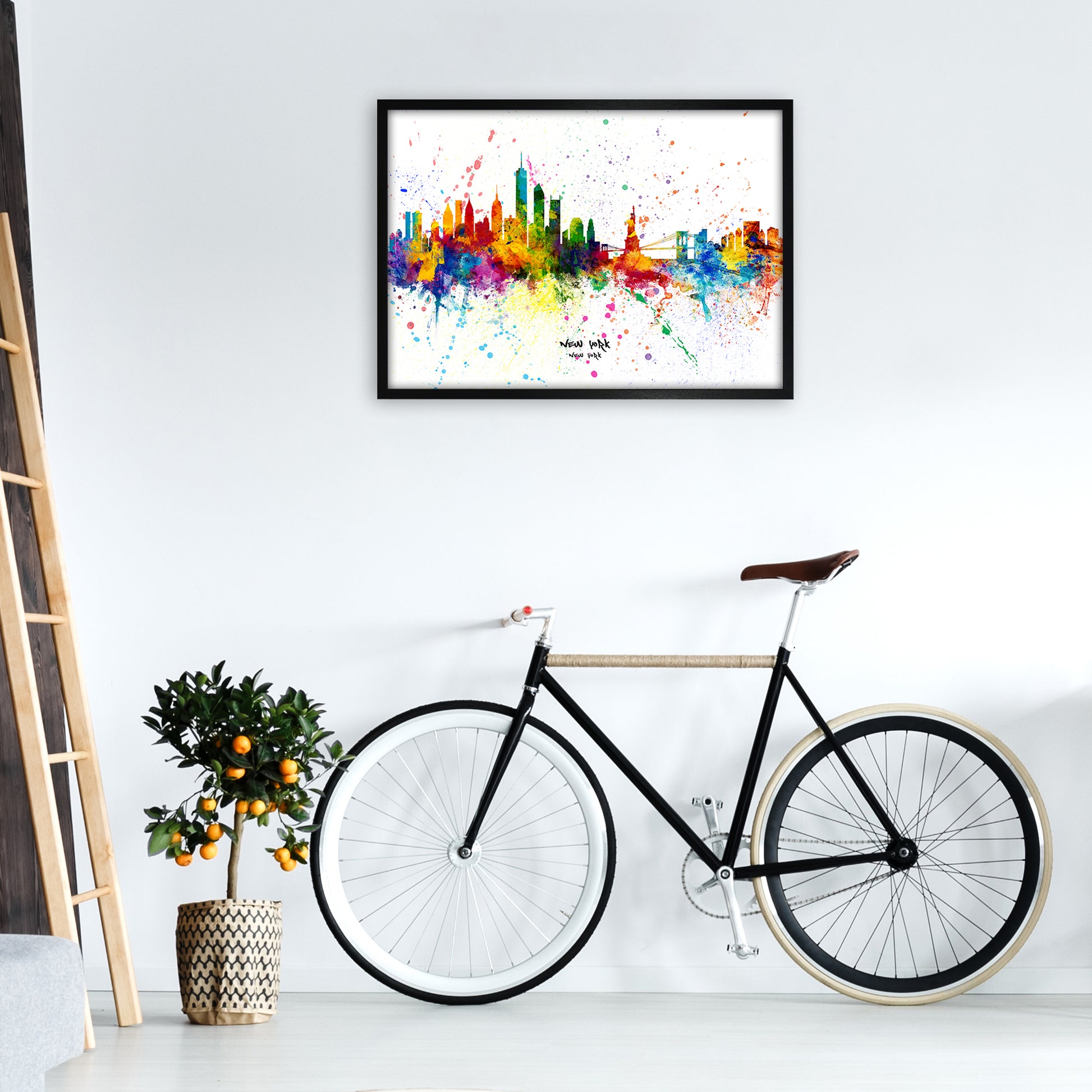 New York New York Skyline Splash Art Print by Michael Tompsett A1 White Frame
