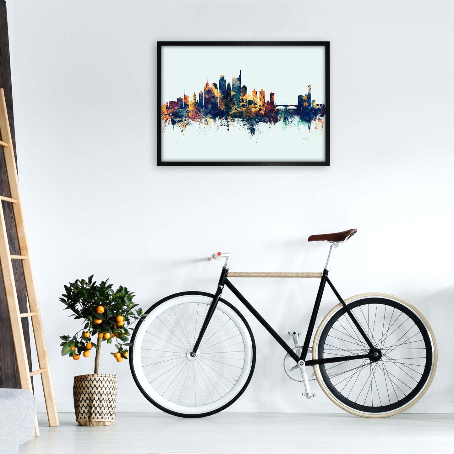 Philadelphia Pennsylvania Skyline Blue Orange Art Print by Michael Tompsett A1 White Frame