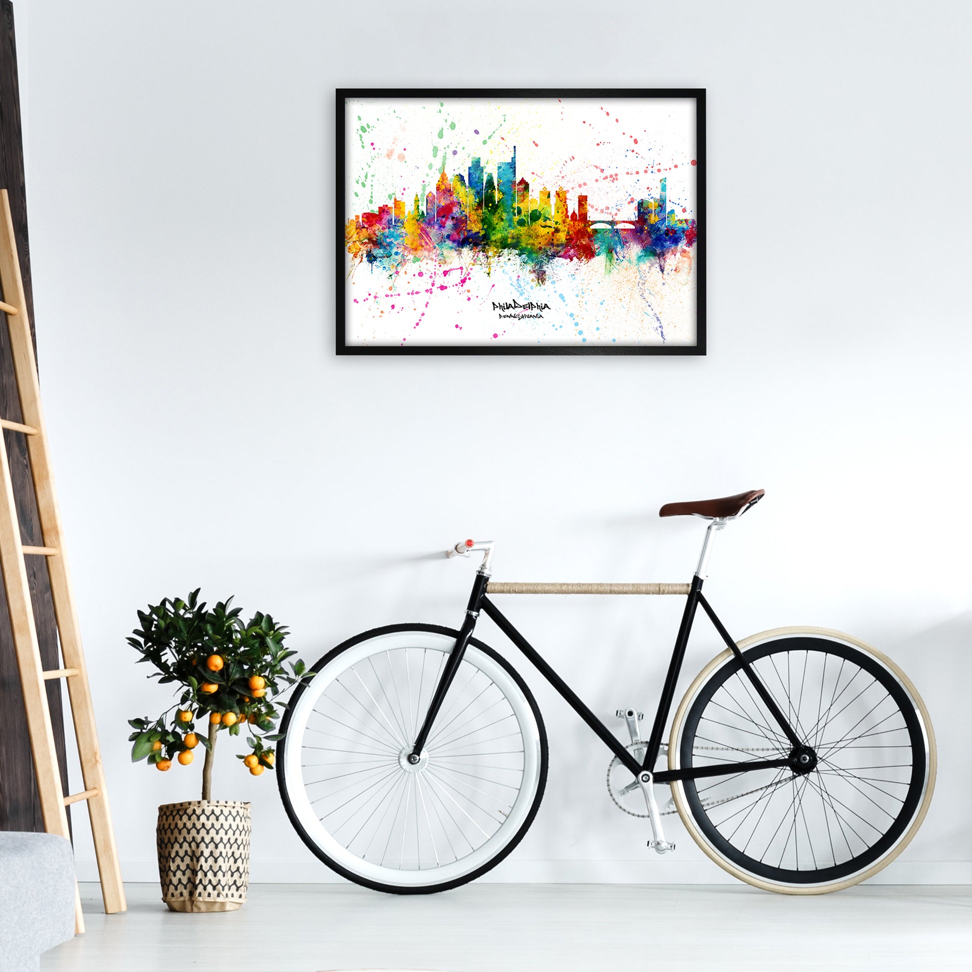 Philadelphia Pennsylvania Skyline Splash Art Print by Michael Tompsett A1 White Frame